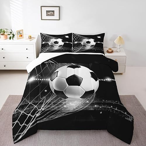 Miniatura 6 de Juego de ropa de cama con estampado de fútbol para niños, color blanco y negro, juego de edredón de fútbol para niños, adolescentes, juego de