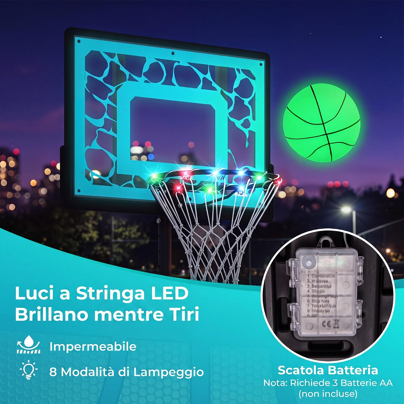 COSTWAY Canestro da Basket da Esterno, Canestro Pallacanestro da Piscina con Luci LED, Altezza Regolabile 115-144 cm, Palla, Ruote, Base Riempibile e Tabellone Infrangibile
