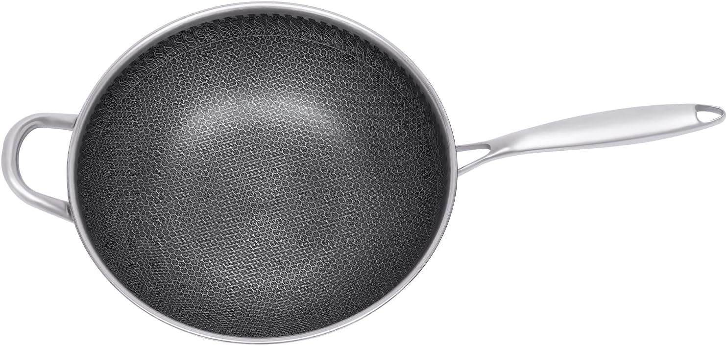 12in Woks & Stir Fry Pans Wok Pan with Lid, No Chemical Coated Chinese Woks for Electric, Induction,Gas Stoves