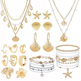 25 Pcs Shell And Starfish Jewelry Set Ocean-Inspired Earrings Stackable Rings Layered Shell Necklaces And Beaded Beach Bracelets Boho Summer Jewelry for Women, Vacation Gifts