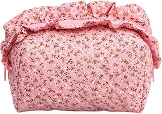 Women Cotton Large Capacity Makeup Bag Floral Print Bow Trim | Quilted Ruffled Edge Cloth Handbag Toiletry Case Lightweight Hand Held Sweet Wash Pouch for Travel Daily Use