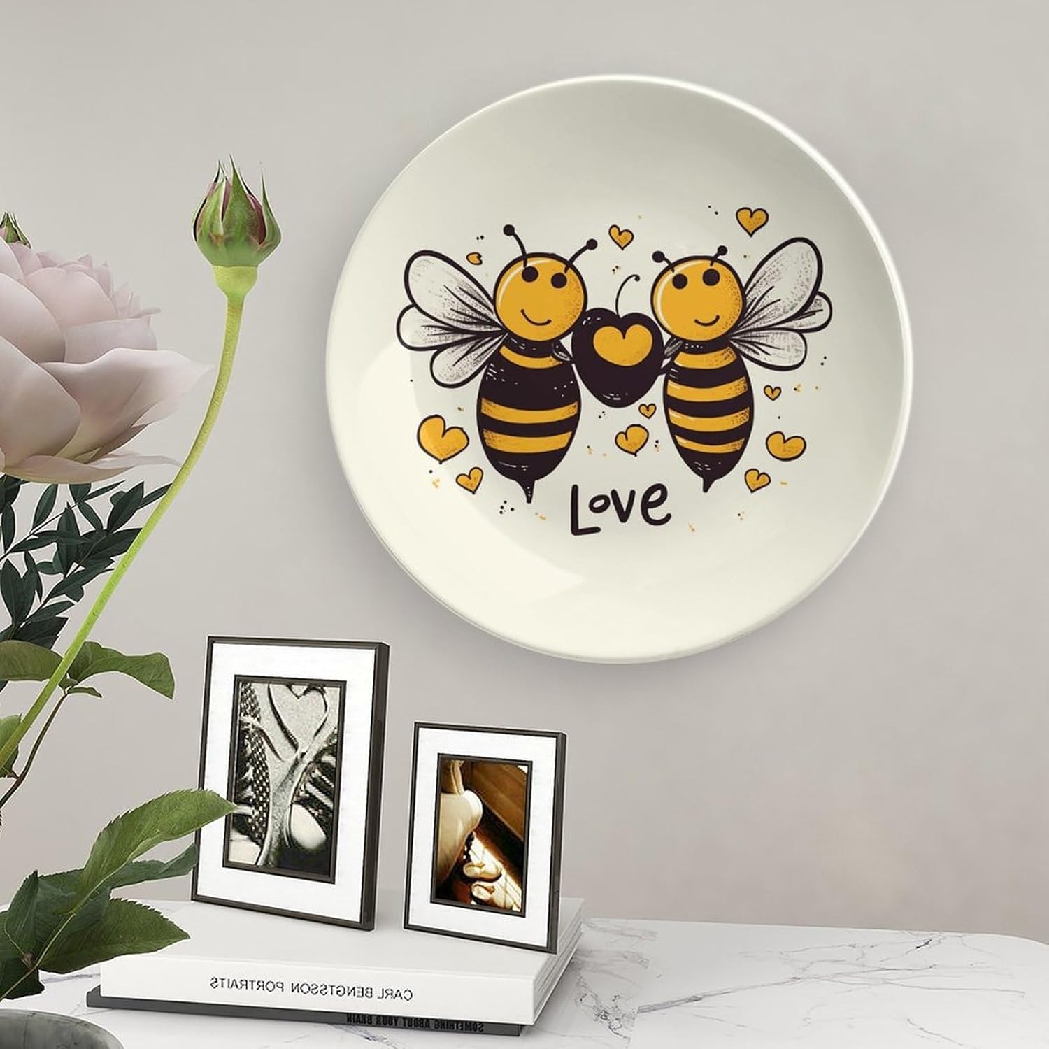 Bee Love Honey Bone China Decorative Plate with Display Stand, Ceramic Ornaments Plate for Wall Hanging, Personalized Porcelain Plates for Office, Living Room 8inch