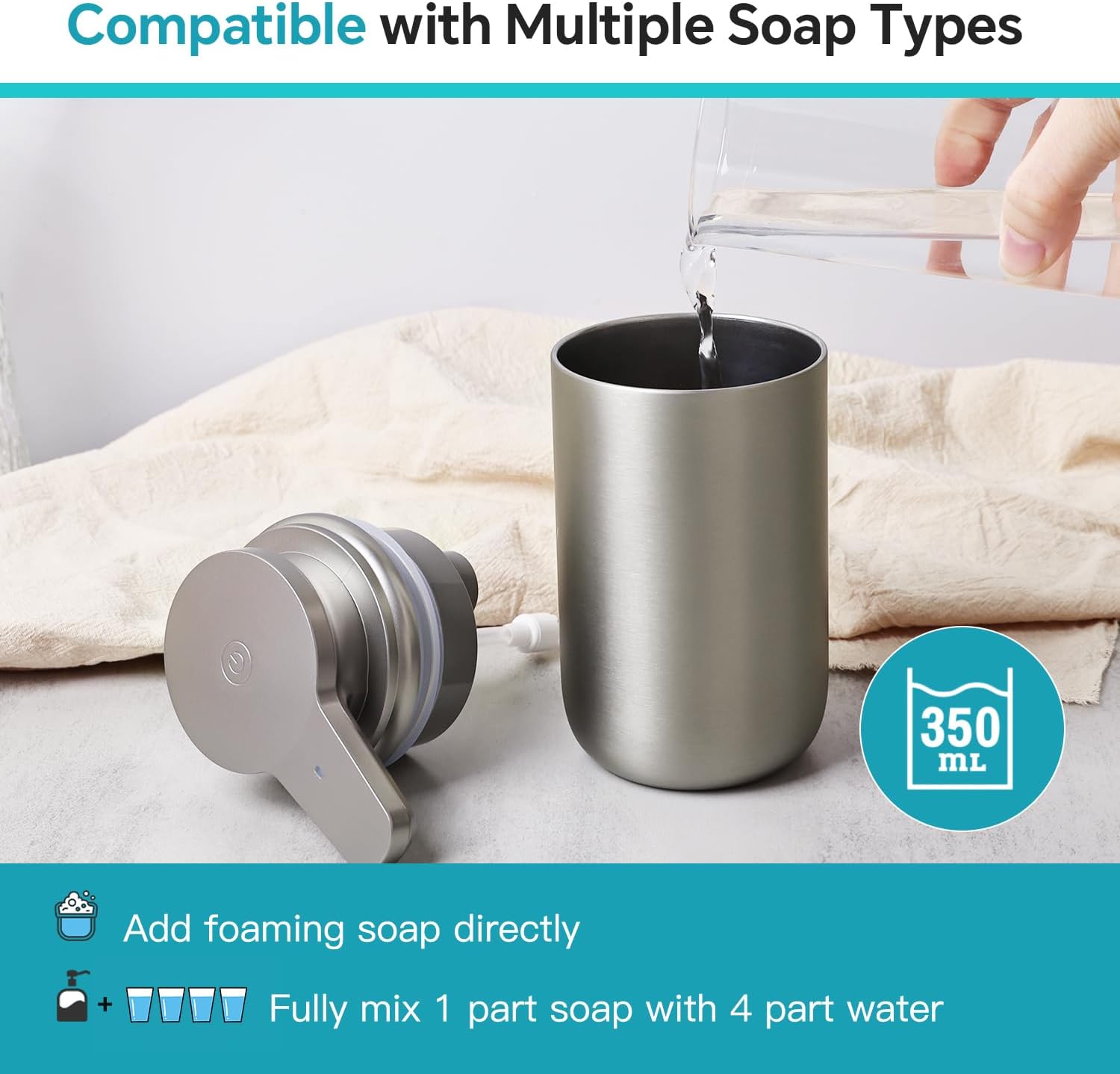 Automatic Soap Dispenser Stainless Steel Touchless Foaming Soap Dispenser for Bathroom Auto Rechargeable Hand Soap Pump (Silver) - Image 4