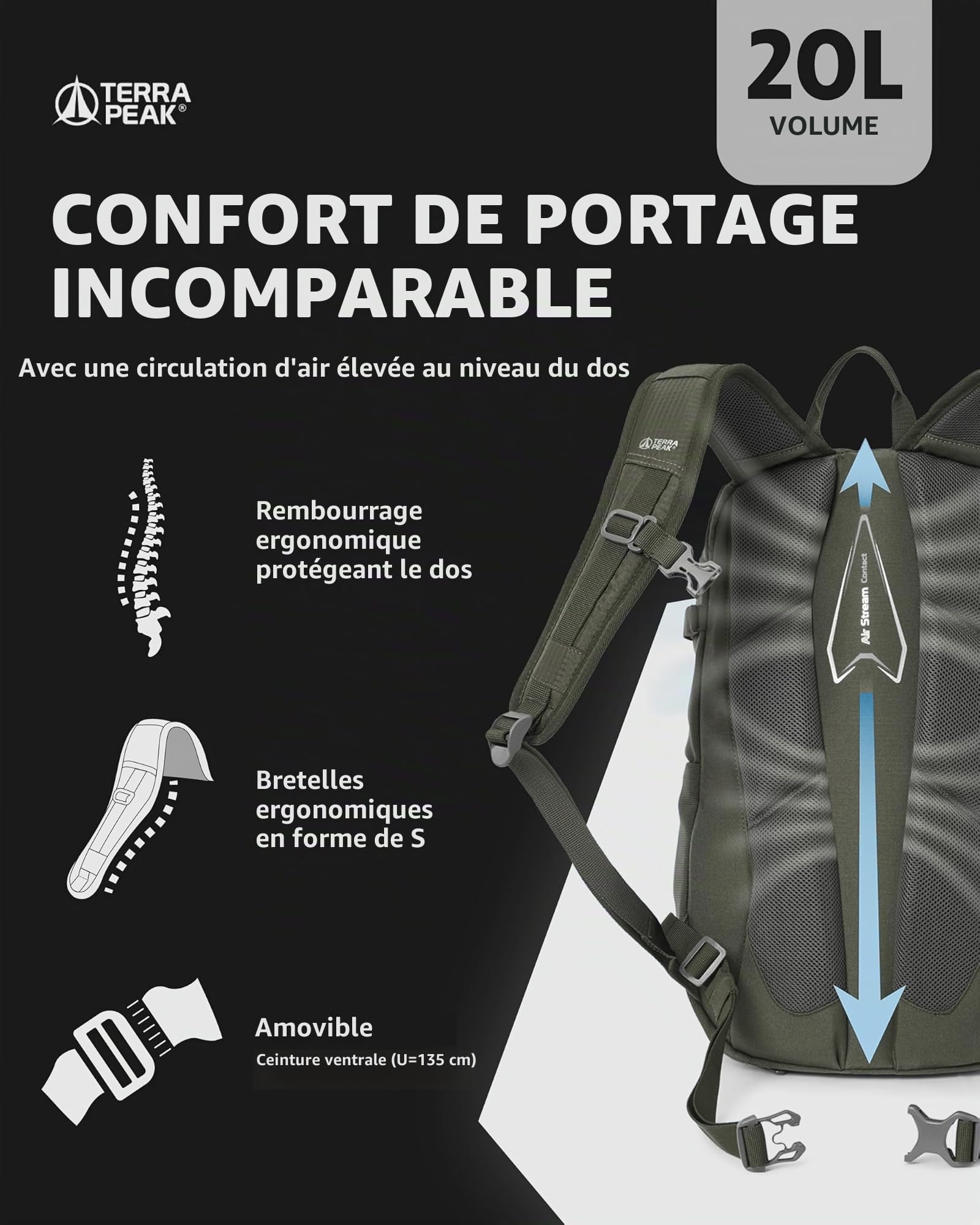 Terra Peak® Sac à dos de randonnée 20L (FLEX 20) petit vert olive femme et homme - Sac a dos de trekking, chasse et voyage (respirant, imperméable) - Sac alpinisme, escalade et de jour (ergonomique)
