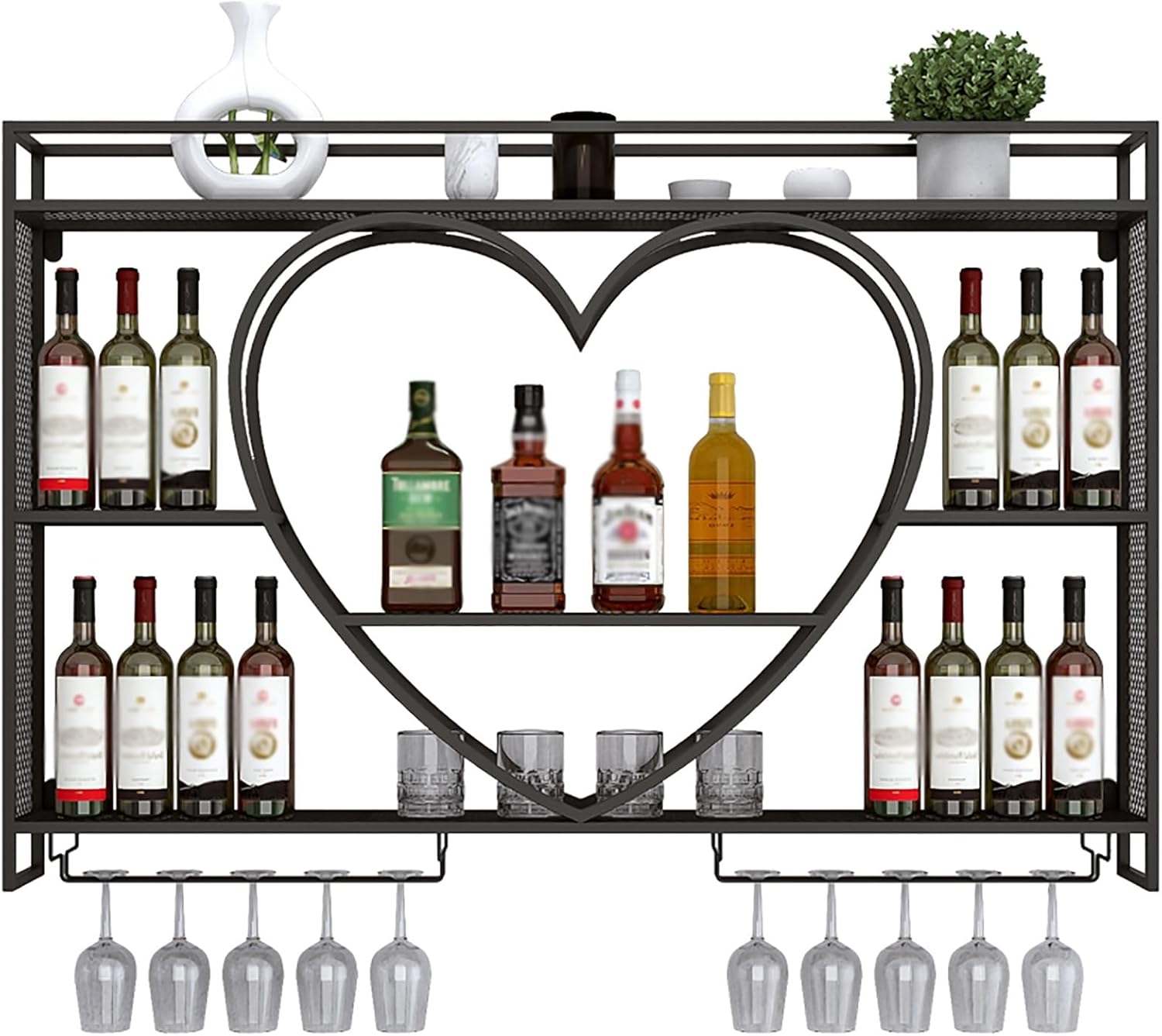Modern Metal Wall Mounted Wine Rack with LED Light and Floating Liquor Shelf Multi Functional Storage nizer for Wine Glasses and Liquor Bottles Perfect for Kitchen Home Bar or Cafe