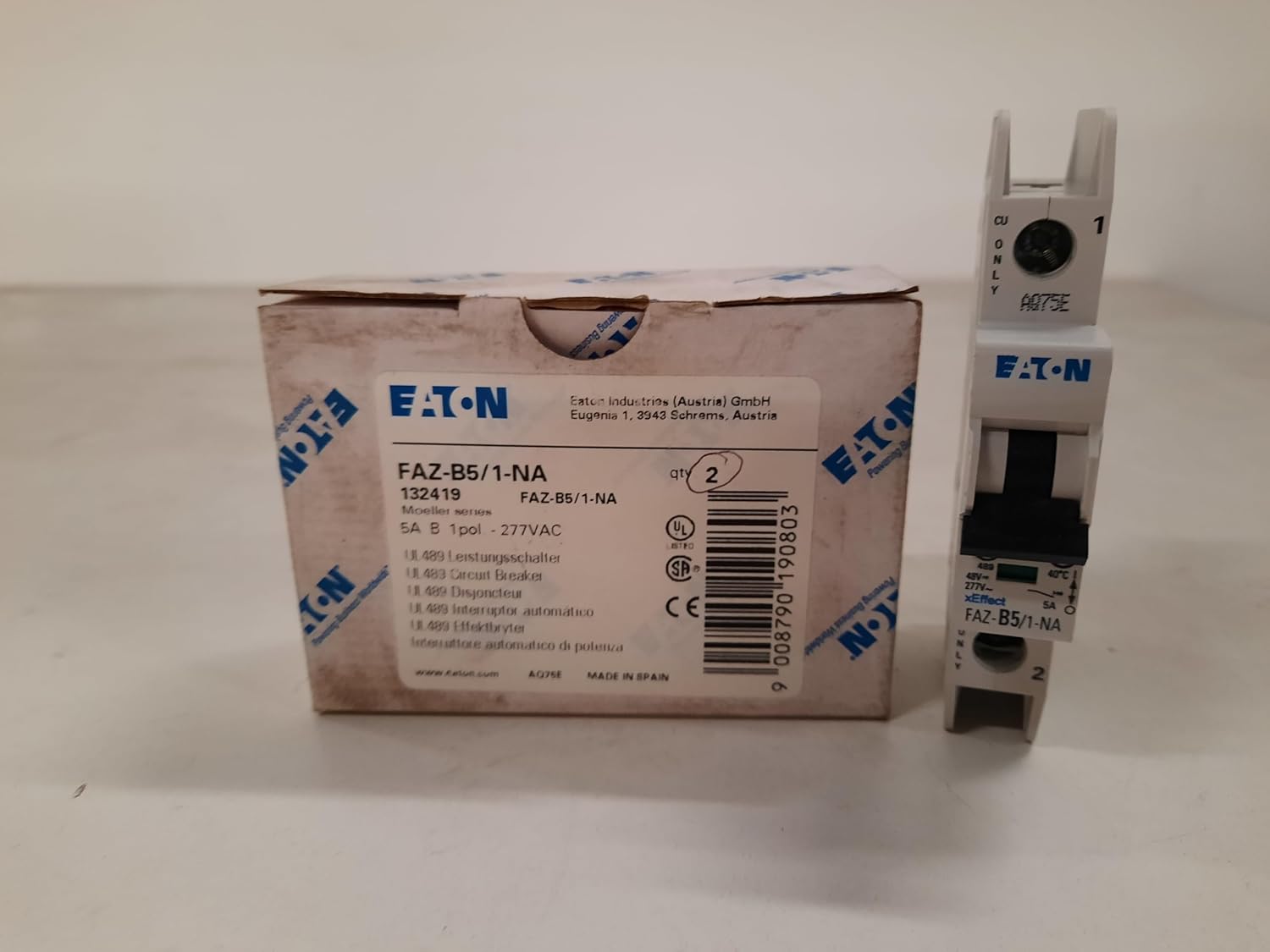 Eaton NSB FAZ-B5/1-NA Miniature Circuit Breakers (MCBs) FAZ 1P 5A 277V 50/60Hz 1Ph 2EA
