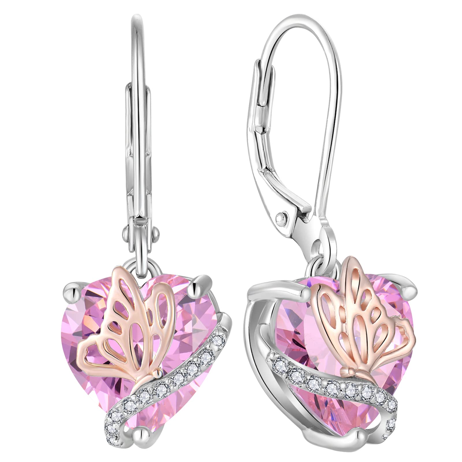 YL Pendientes Corazón Plata de Ley 925 con 12 piedras de Nacimiento Circonita Mariposa Pendientes para Mujer