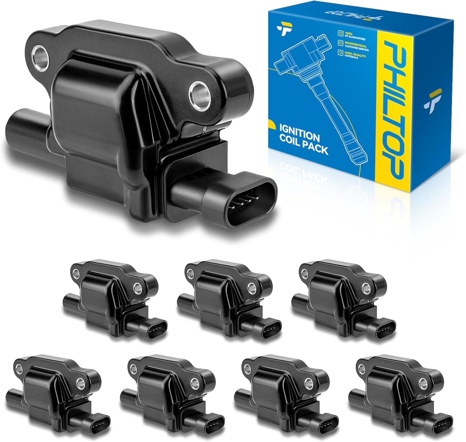 PHILTOP UF413 Ignition Coil Pack, Square Compatible with Yukon Silverado Tahoe Suburban Sierra Avalanche Escalade Corvette Camaro Express Impala Envoy Trailblazer G8 CTS GTO SS SSR H3 H2