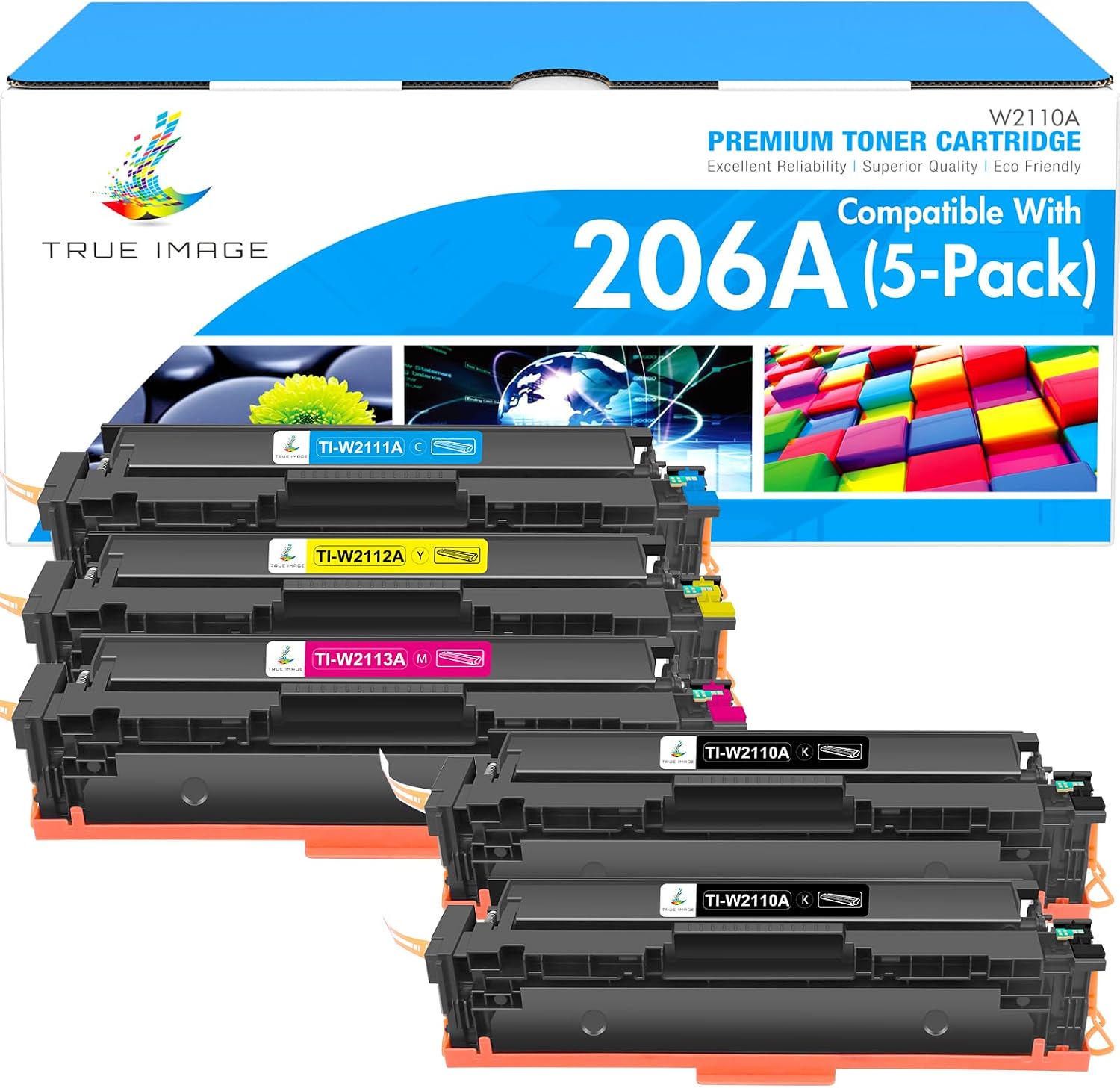 206A Toner Cartridges 5 Pack 206X M283fdw Compatible Replacement for HP 206A W2110A (with Chip) Color LaserJet Pro MFP M283cdw M255dw M283 Pro M255 Printer W2110X Ink High Yield (2*B/C/Y/M,5Pack)