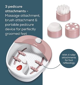 Beurer FB20 Foot Spa | Vibration and Bubble Massage Functions | Infrared Light Function | Reflexology Zone Massage | 3 Pedicure Attachments | Removable Splash Guard | Water Tempering