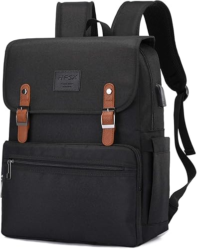 Miniatura 8 de HFSX Mochila para laptop y mujer, hombre, mochila vintage para universidad, mochila de viaje, para laptop, con puerto de carga USB, mochilas negras