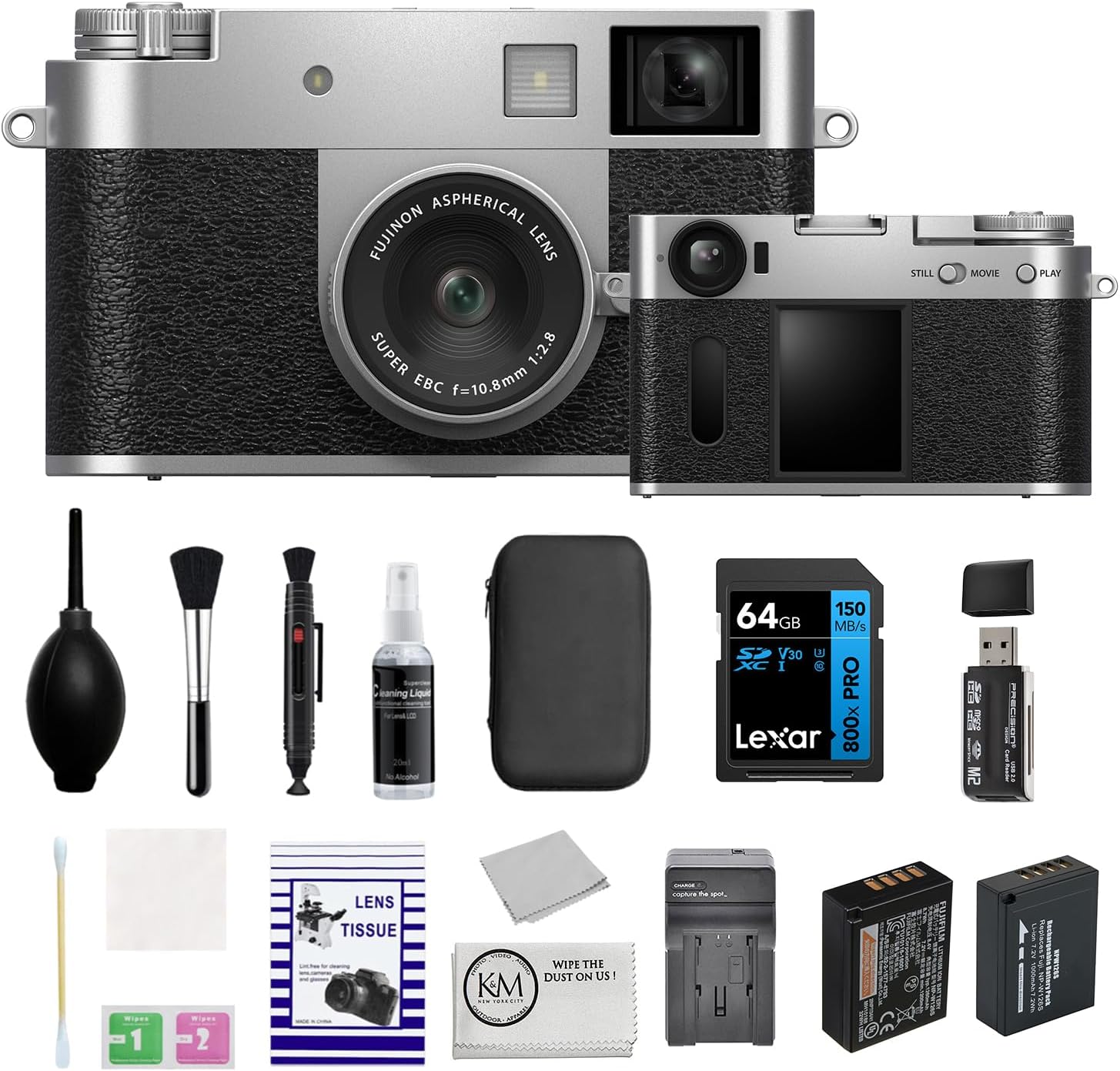 FUJIFILM X Half Premium Compact Camera | Silver Bundled with 64GB Memory Card + Extra Battery + Charger + Cleaning Kit + Microfiber Cloth (7 Items)
