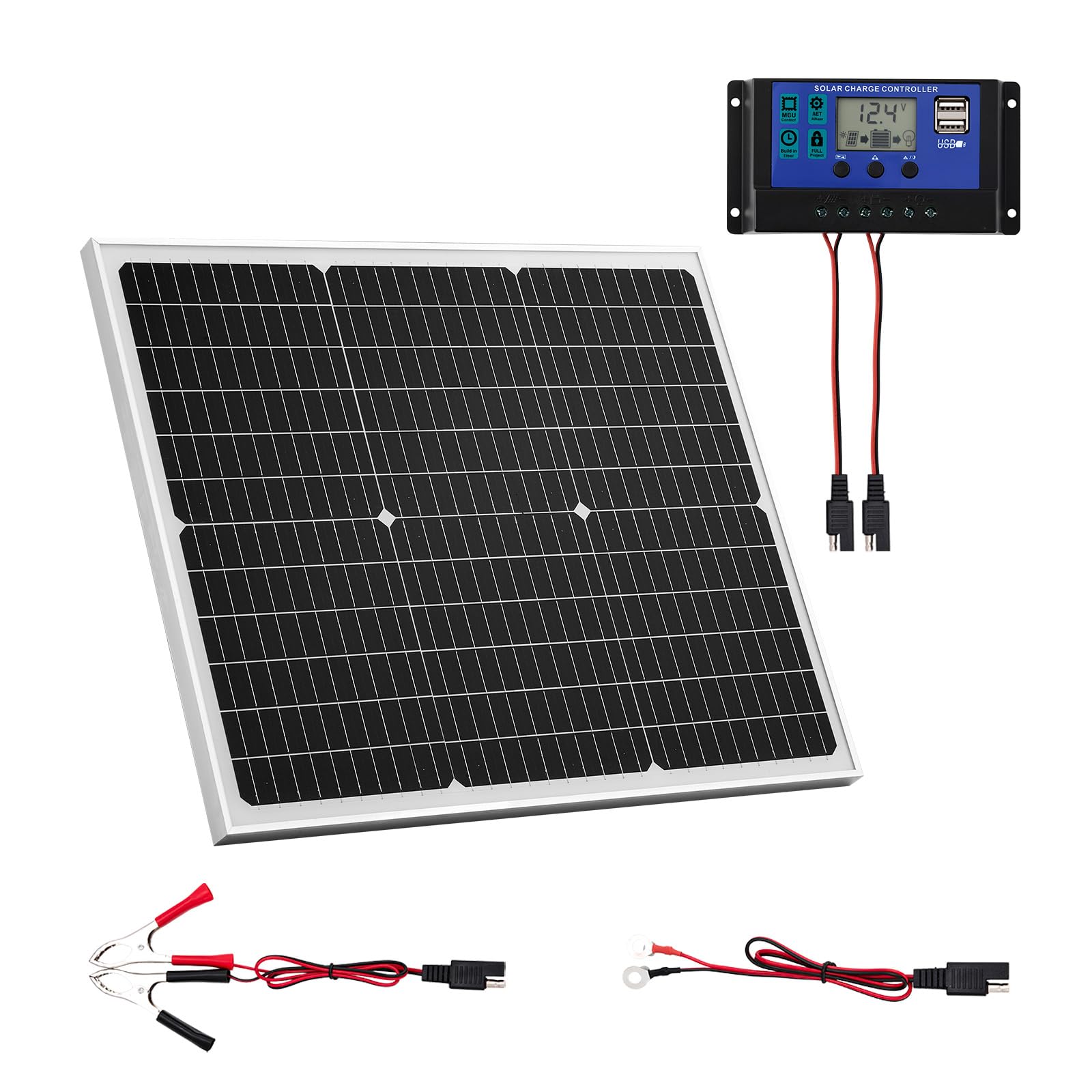 VEVOR Pannello Caricabatterie Solare, Caricabatterie Mantenitore con Pannello Solare Regolatore MPPT Aggiornato, Impermeabile IP65 per Auto, Barche, Camper, Tetti Piani (Staffa non Inclusa)
