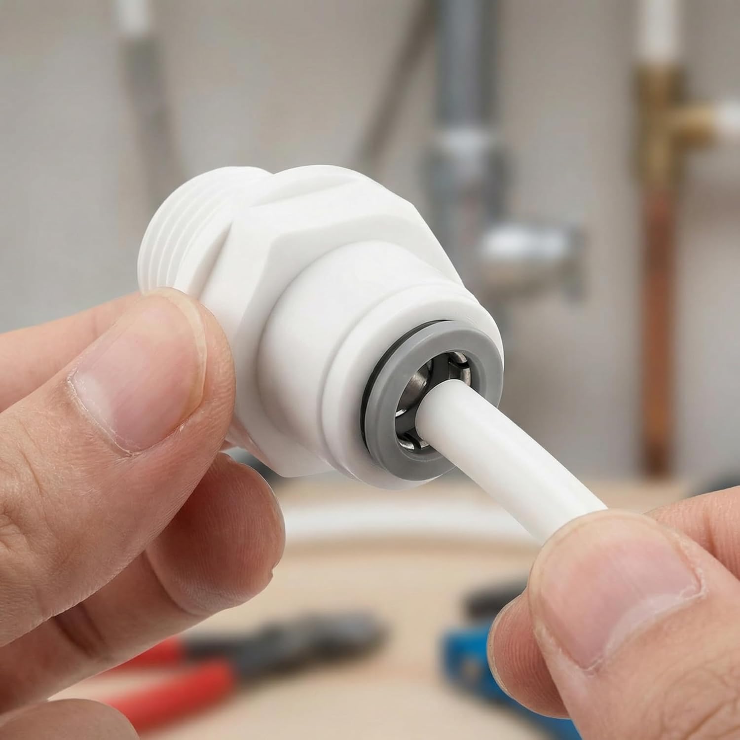 3/8" to 1/4" Push-to-Connect Water Line Adapter Fitting, White Plastic with Threaded Male Connection for Reverse Osmosis RO System, Tube Quick Connect