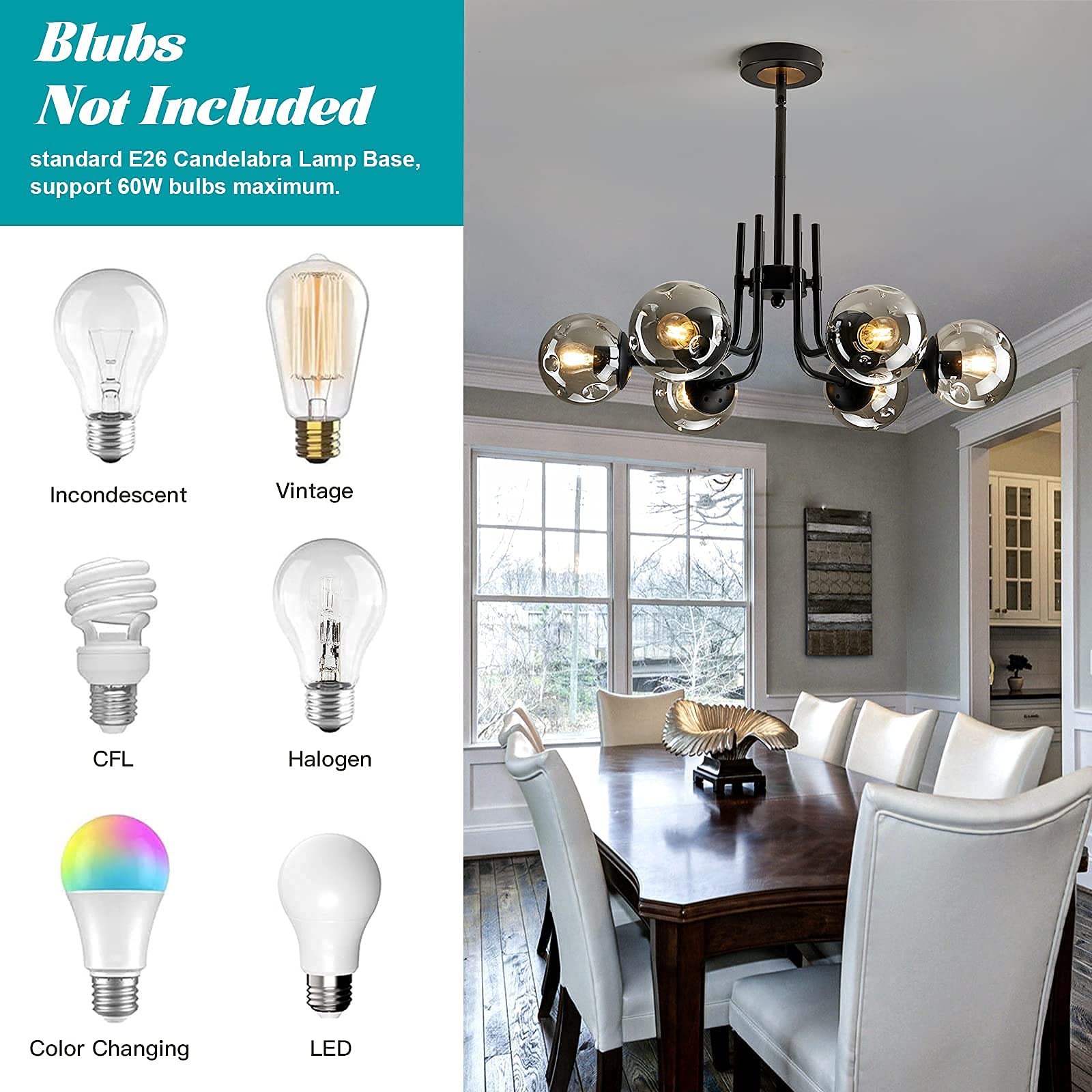 FGSADI 6-Lights Glass Globe Sputnik Chandelier?Modern Metal Ceiling Light Fixture? Black Semi Flush Mount Chandelier for Living Room Dining Room Bedroom Farmhouse Kitchen