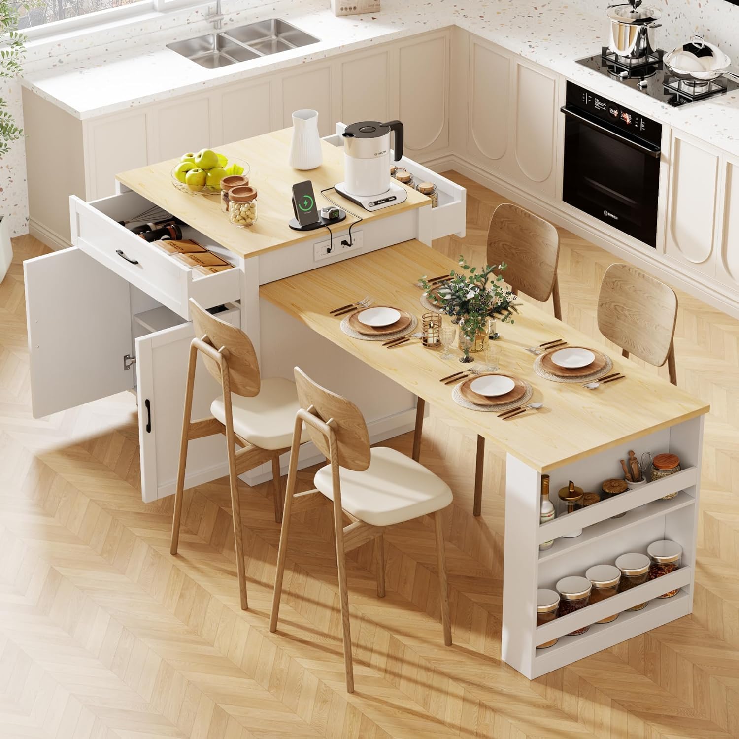 Virubi 82.7 inch Kitchen Island with Extendable Dining Table for 4-6 Person,Two-Tone Kitchen Island with Double-Sized Storage, Power Outlet, 2 Drawers 2 Side Open Shelves (White)
