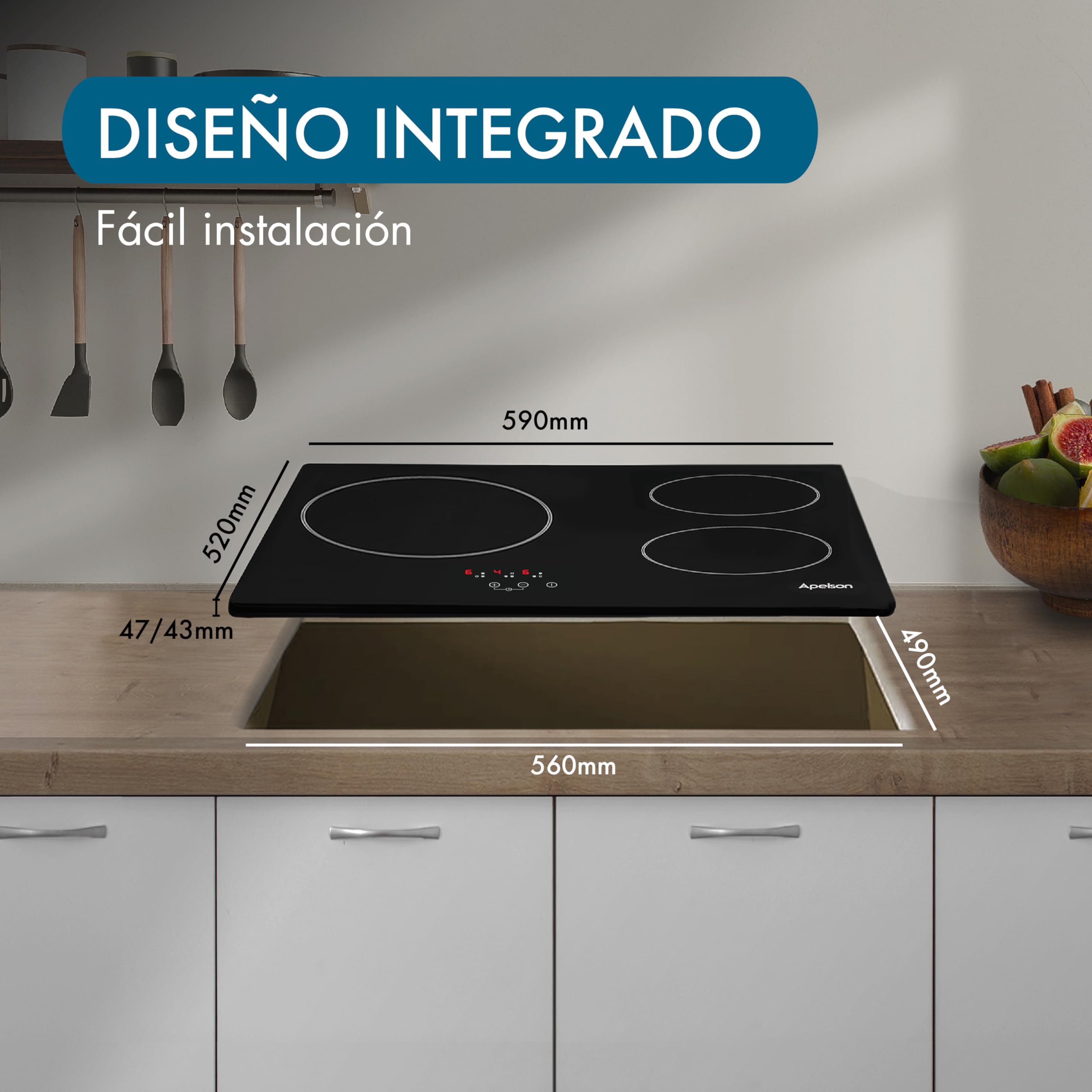 Placa Vitrocerámica Apelson AVT 3600 60cm 3 Zonas Touch Control 9 Niveles de Potencia