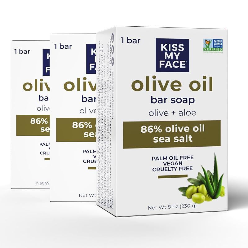 Kiss My Face Sabonete em Barra de Azeite de Oliva e Aloe Vera, sem fragrância, Pacote com 3 unidades de 227 g