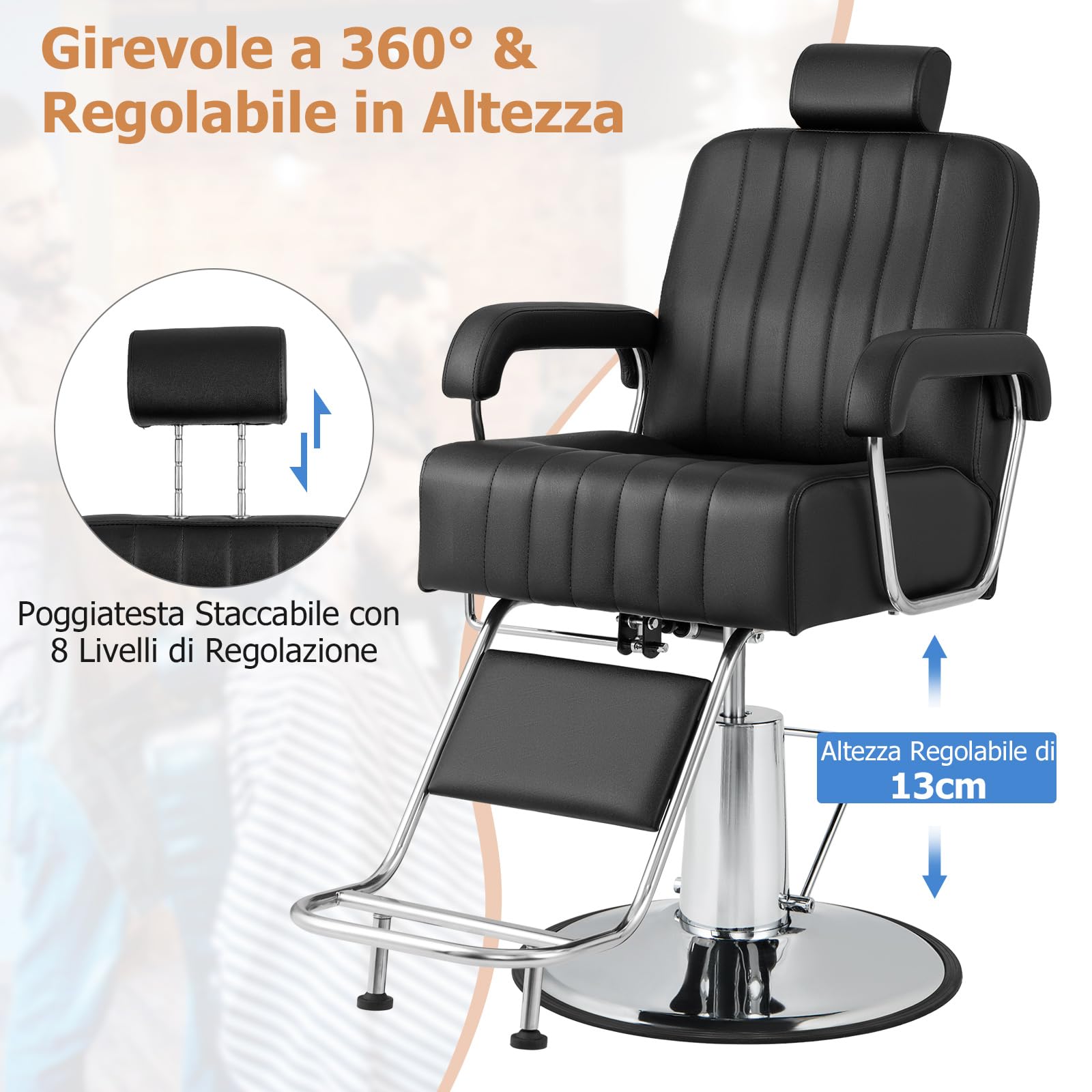 COSTWAY Poltrona da Parrucchiere, con Poggiatesta Regolabile e Schienale Reclinabile, Poltrona da Barbiere con Altezza Regolabile, Girevole a 360°, per Saloni di Bellezza, Parrucchiere