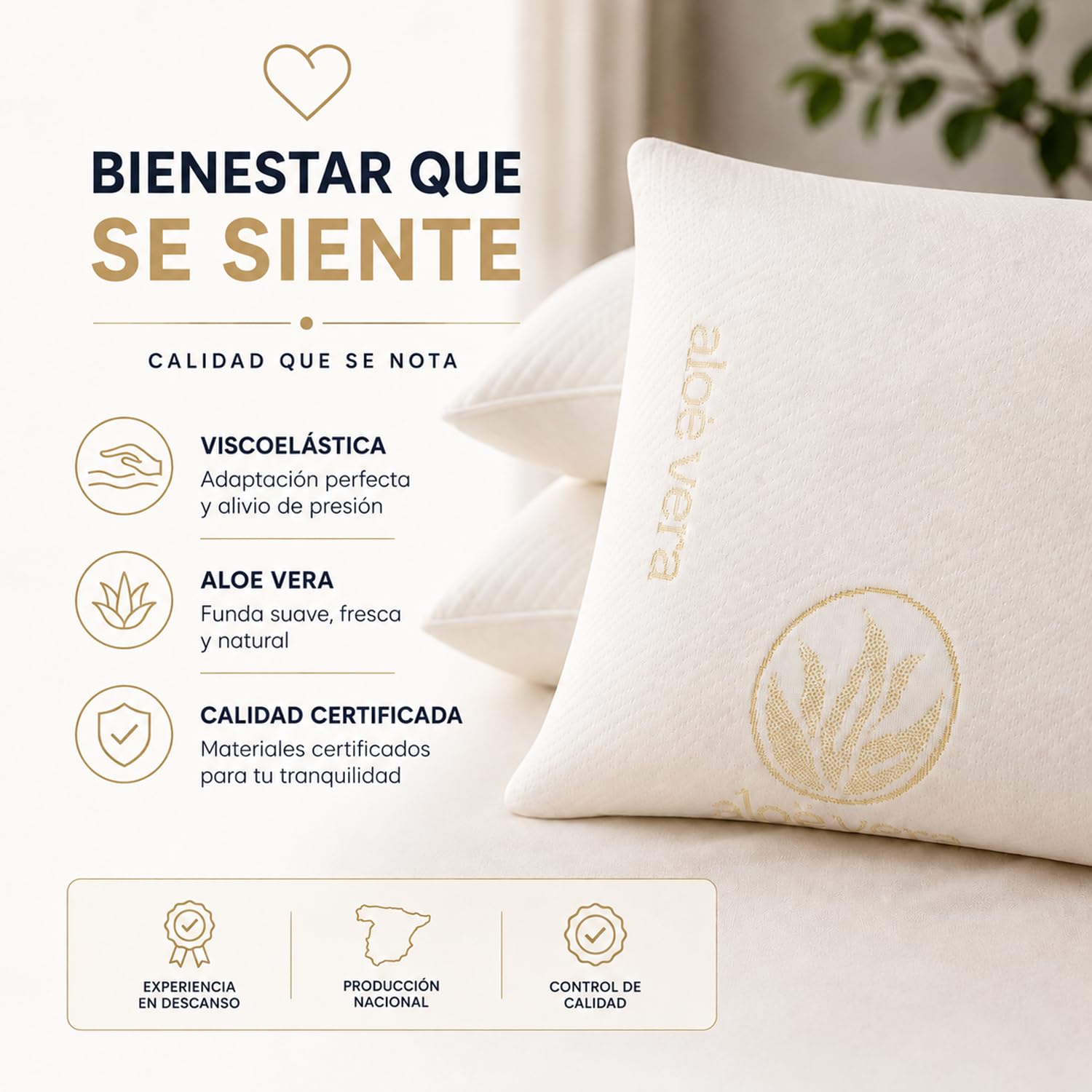 Almohada Viscoelastica Pack 4 Almohadas 60x40 Aloe Vera Desenfundables | Viscoelástica, Pack de 4 Unidades, 60x40 cm, Aloe Vera, Funda, para Dormir