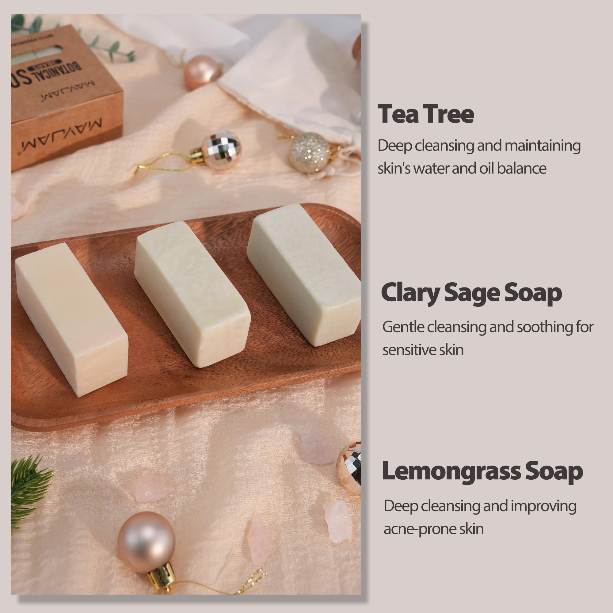 Natural Bar Soaps with Shea Butter,Body Botanical Soap Bars Variety Soap:3 Pack Scent Clary Sage,Lemongrass,Tea Tree Soap Bars,Antibacterial Bath Soap for Men&Women All Skin Body Wash Gift,Handmade