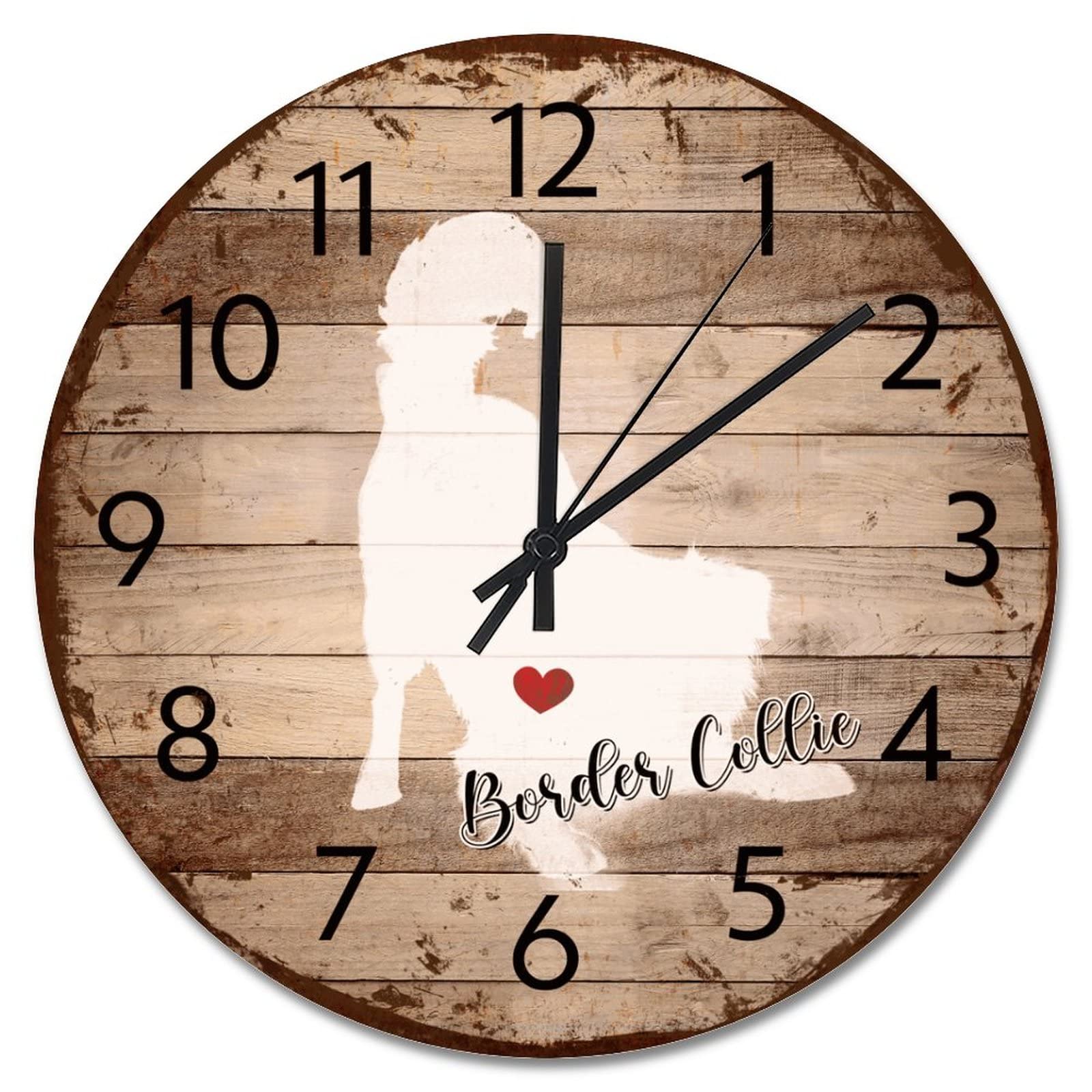 Horloge murale Border Collie en bois vieilli 38 cm rustique et silencieuse