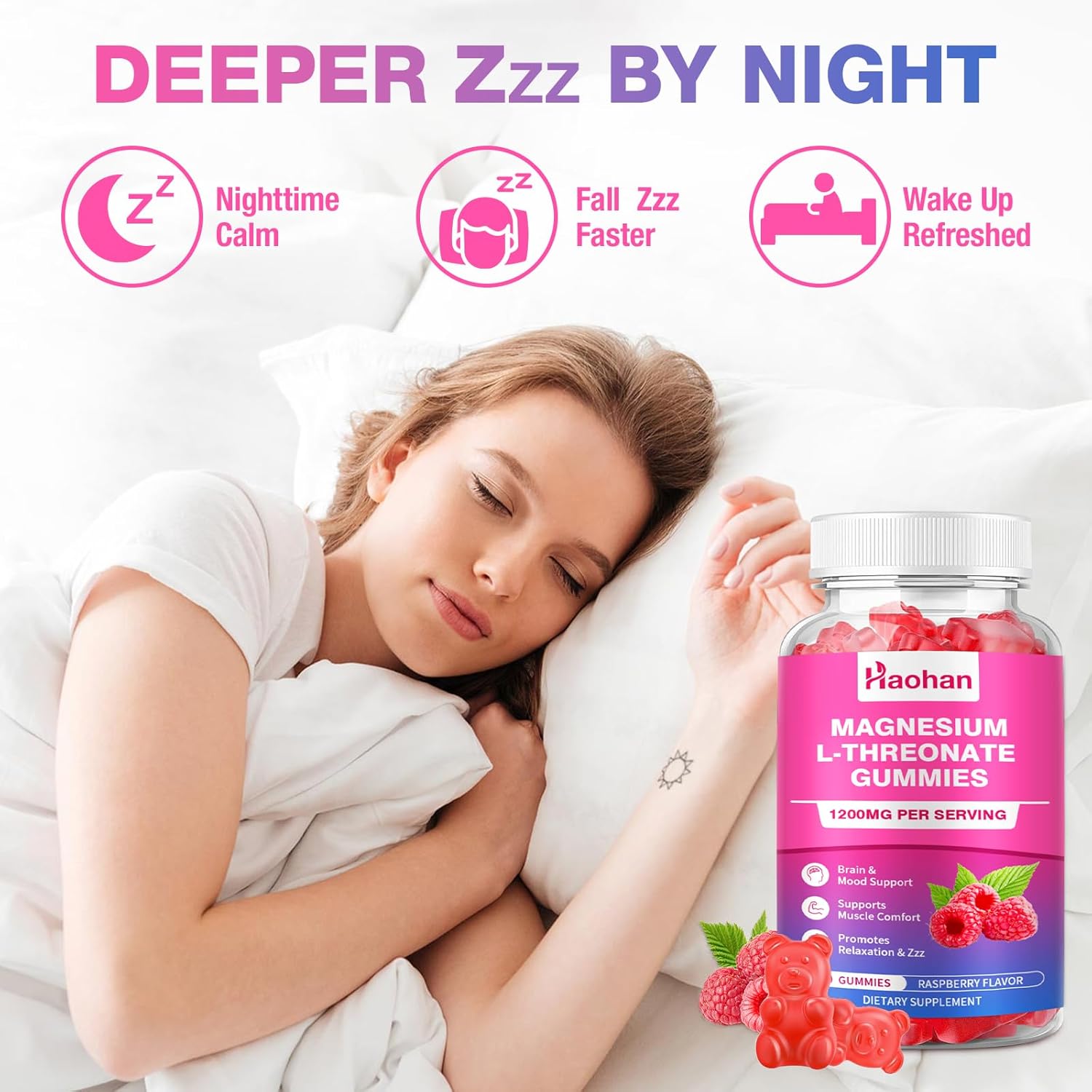 Magnesium L-Threonate 1200mg Gummies to Support Focus & Muscles, Sugar-Free Raspberry Flavor, 60 Count for Adults & Kids - Image 5