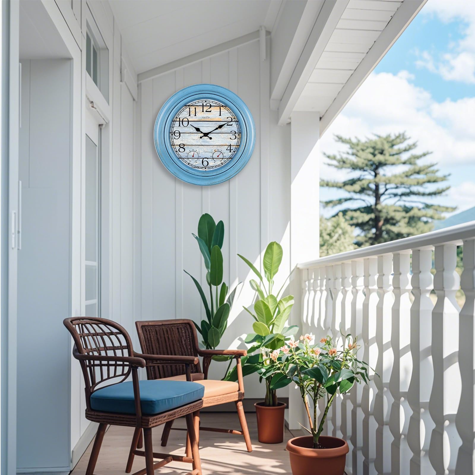 eYotto Grande horloge murale étanche de 46 cm avec thermomètre/hygromètre pour intérieur/extérieur, à piles et silencieuse, pour terrasse, piscine, jardin, salle de bain, maison de plage, bleu