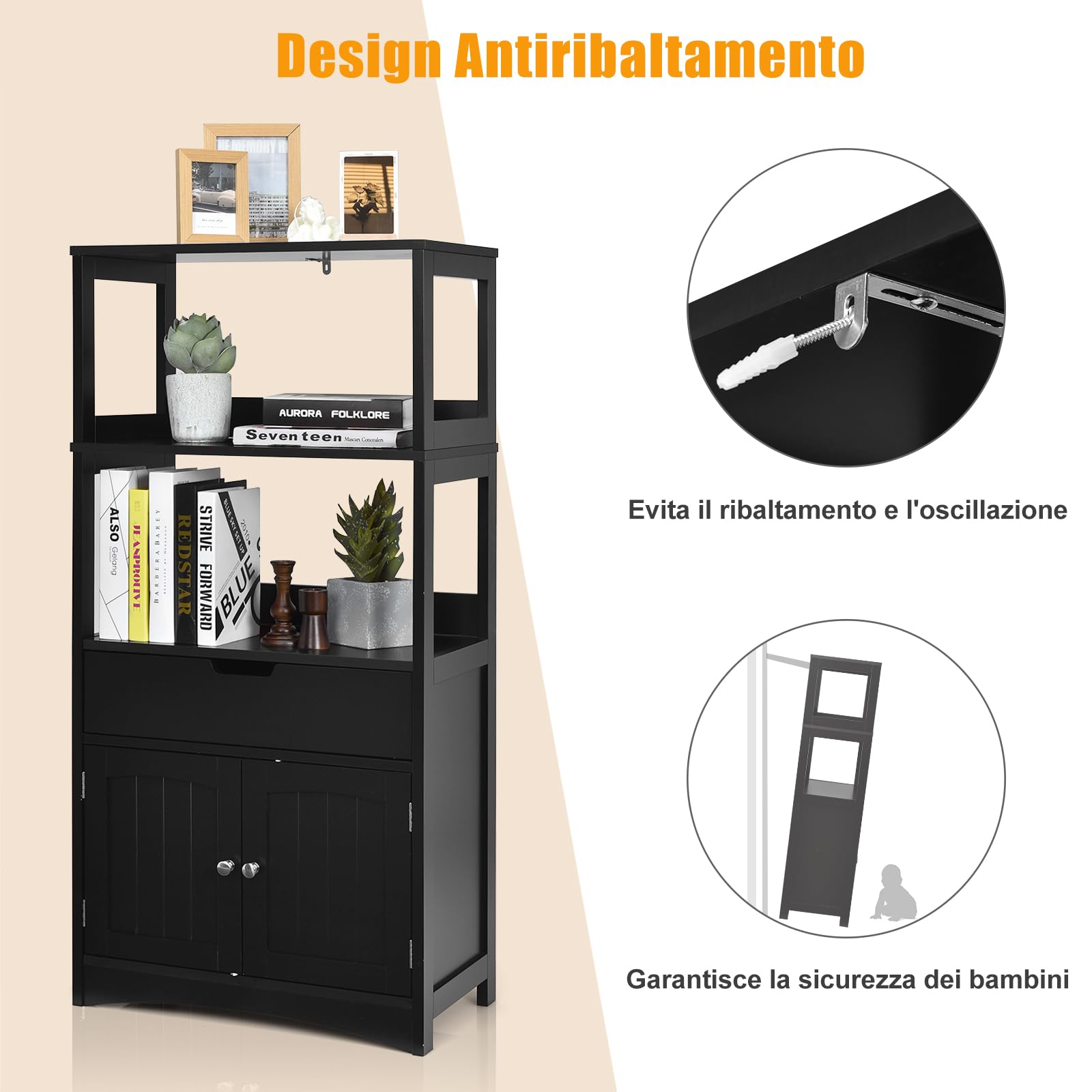 GYMAX Mobiletto da Cucina, con Cassetto e Ripiani Aperti, Mobile Armadietto Salvaspazio, per Bagno, Ingresso, Soggiorno,60 x 32 x 122 cm (Nero)