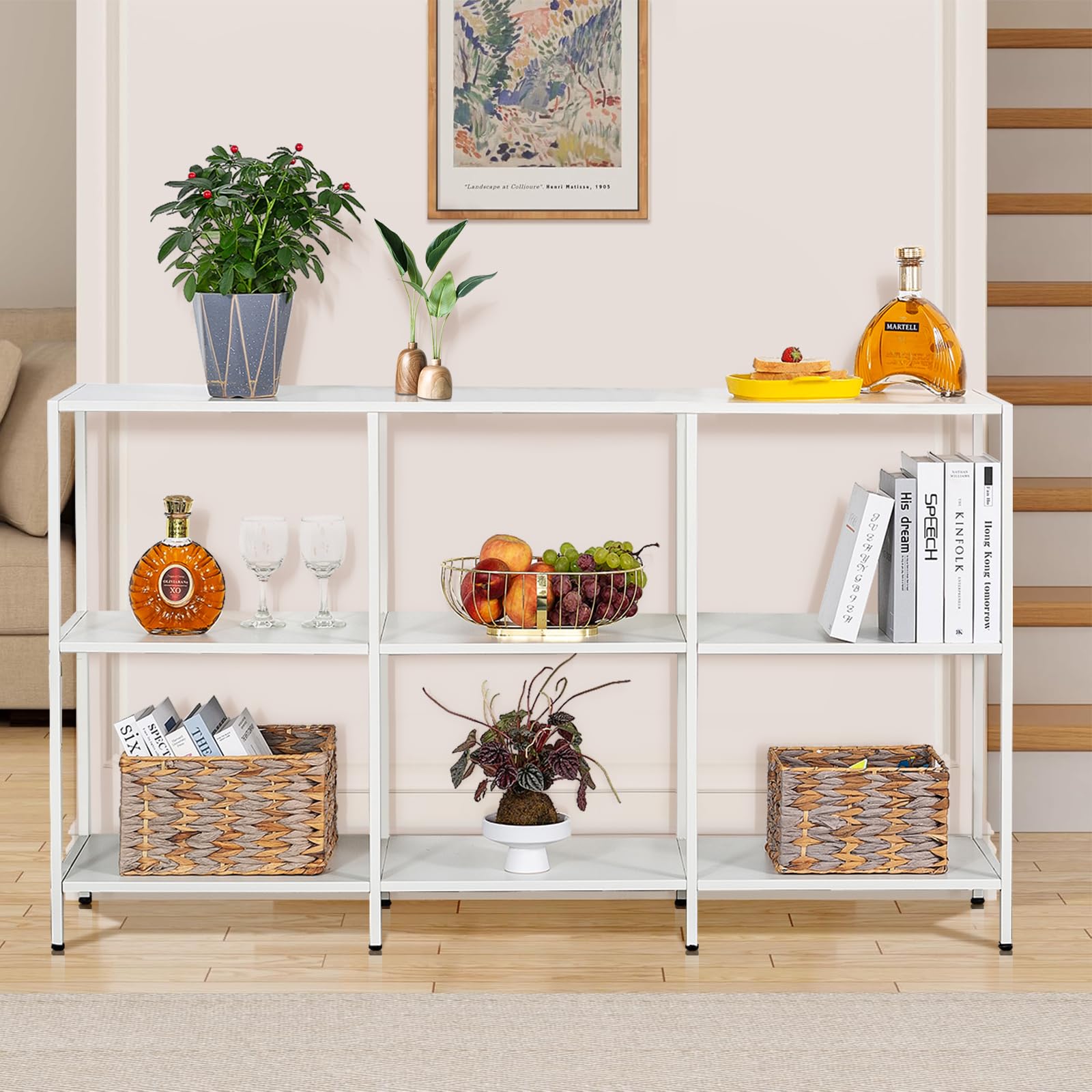 HDANI Mesa de sofá consola de 140 cm con 3 estantes, mesa de entrada estrecha con marco de metal, mesa industrial detrás de mesas de sofá, moderno soporte de TV para pasillo, sala de estar, dormitorio