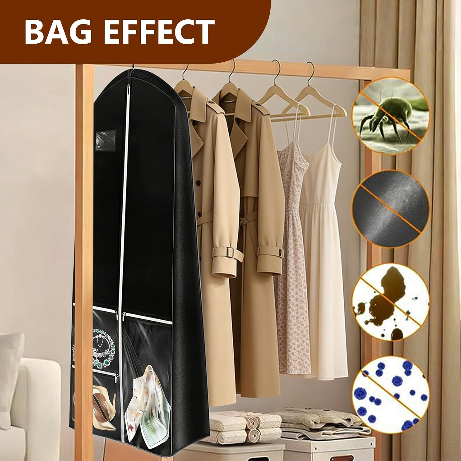 Dress Garment Bags, Black, 70'' Long for Travel