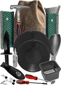 Compact Gold Prospecting Kit with 12" Pocket Sluice Box Includes Miners Moss, Gold Trap Mat, Classifier Pan, Vials, and Tote Backpack