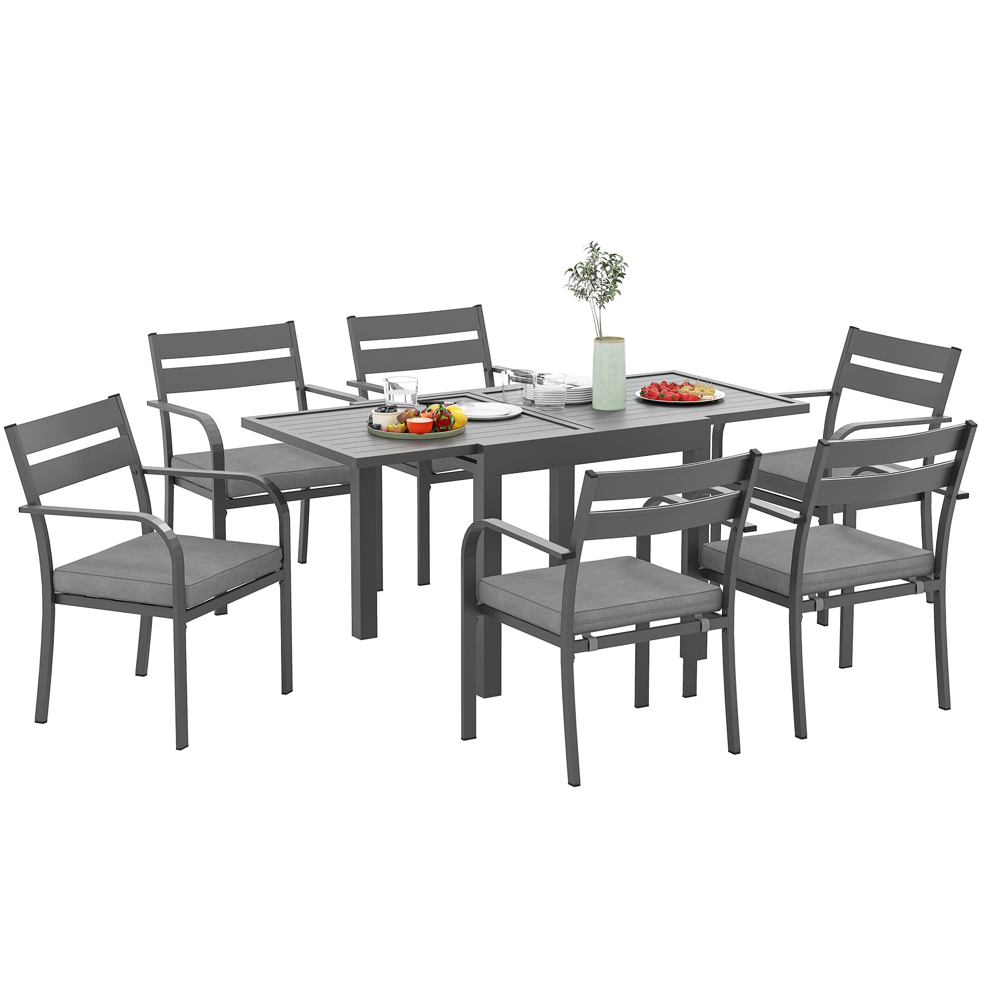 Outsunny Set Tavolo da Giardino con Sedie da 7 Pezzi, Set da Pranzo con Tavolo Allungabile, 6 Sedie da Esterno Impilabili con Braccioli e Cuscini, Set di Mobili a Doghe in Acciaio Alluminio, Grigio