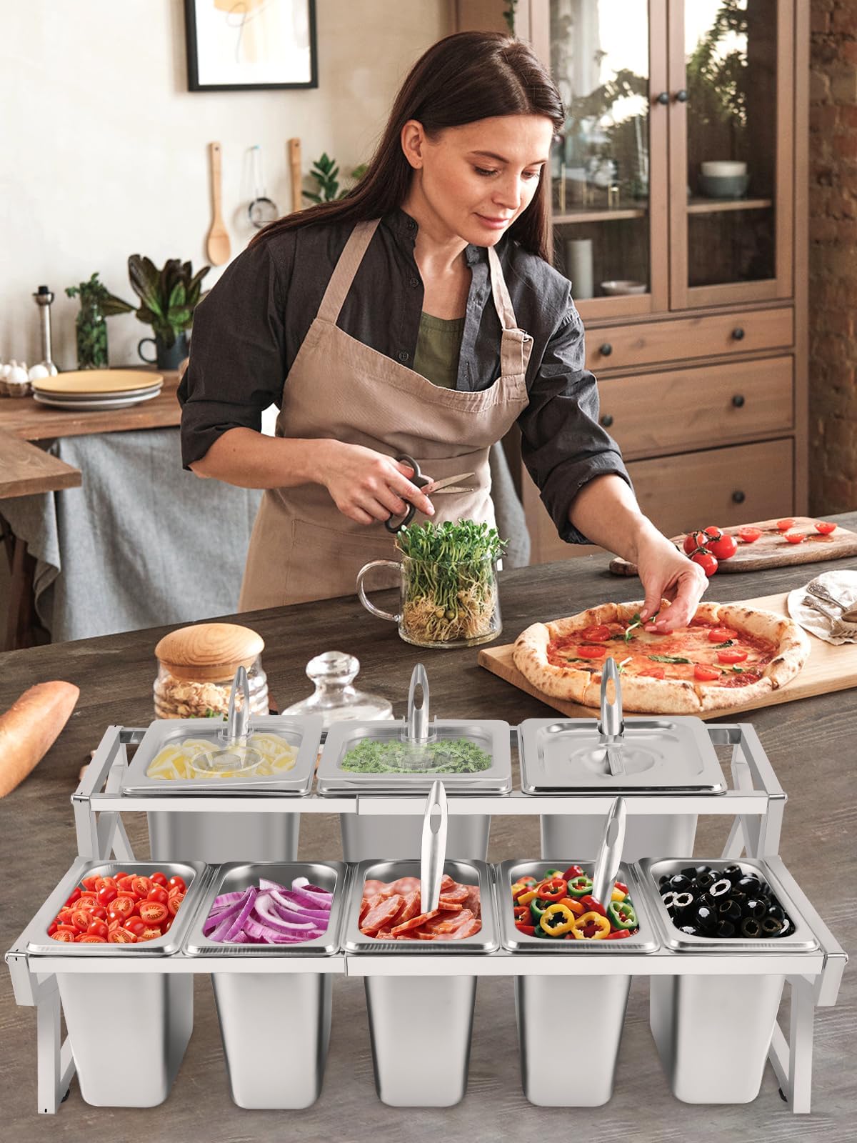 Pizza-Garnierstation, 8 Pfannen, Pizza-Aufbewahrungsbehälter mit Deckel, Löffel, Gewürz-Organizer, Buffet-Behälter-Set für Restaurant, Pizza, Soße, Marmelade, Obstzutaten