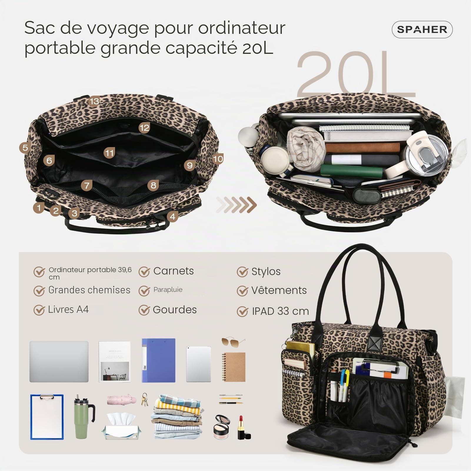SPAHER Sac de Professeur Sac Voyage Cabine 40x30x15 Air France Léopard Kaki | 17 Poches, Compartiment pour Ordinateur Portable de 15,6 Pouces, pour Personnel Féminin, Enseignantes, Mamans