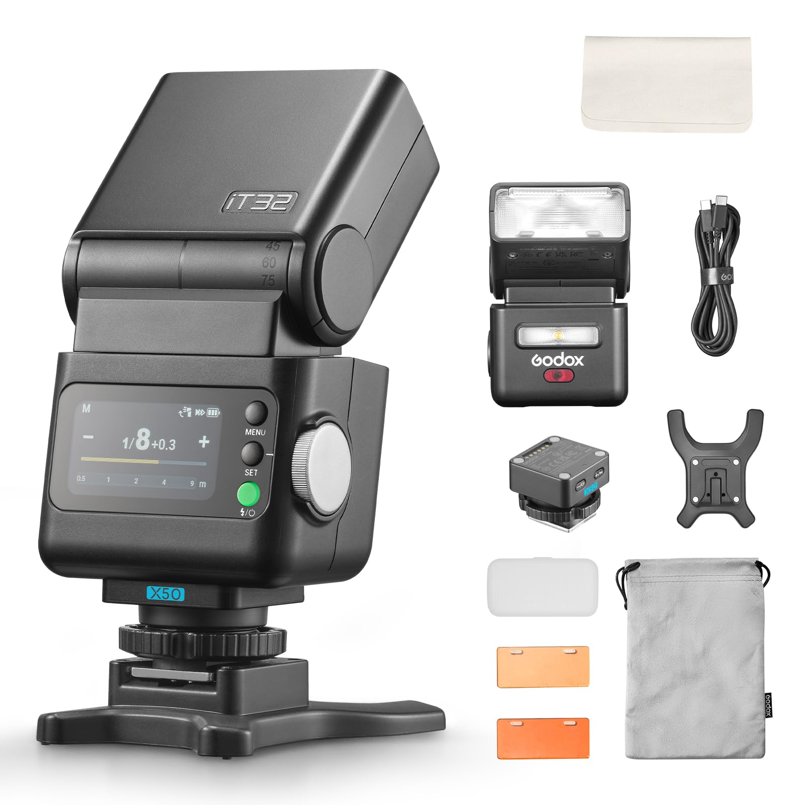 Godox iT32 mit X5-O Kamera Flash Kit für Olympus/Panasonic,abnehmbares Magnet Hotshoe/Trigger Design mit TTL HSS,2.4G Wireless,eingebaute Batterie,Touchscreen, mit Diffusor,Filter,Aufbewahrungstasche