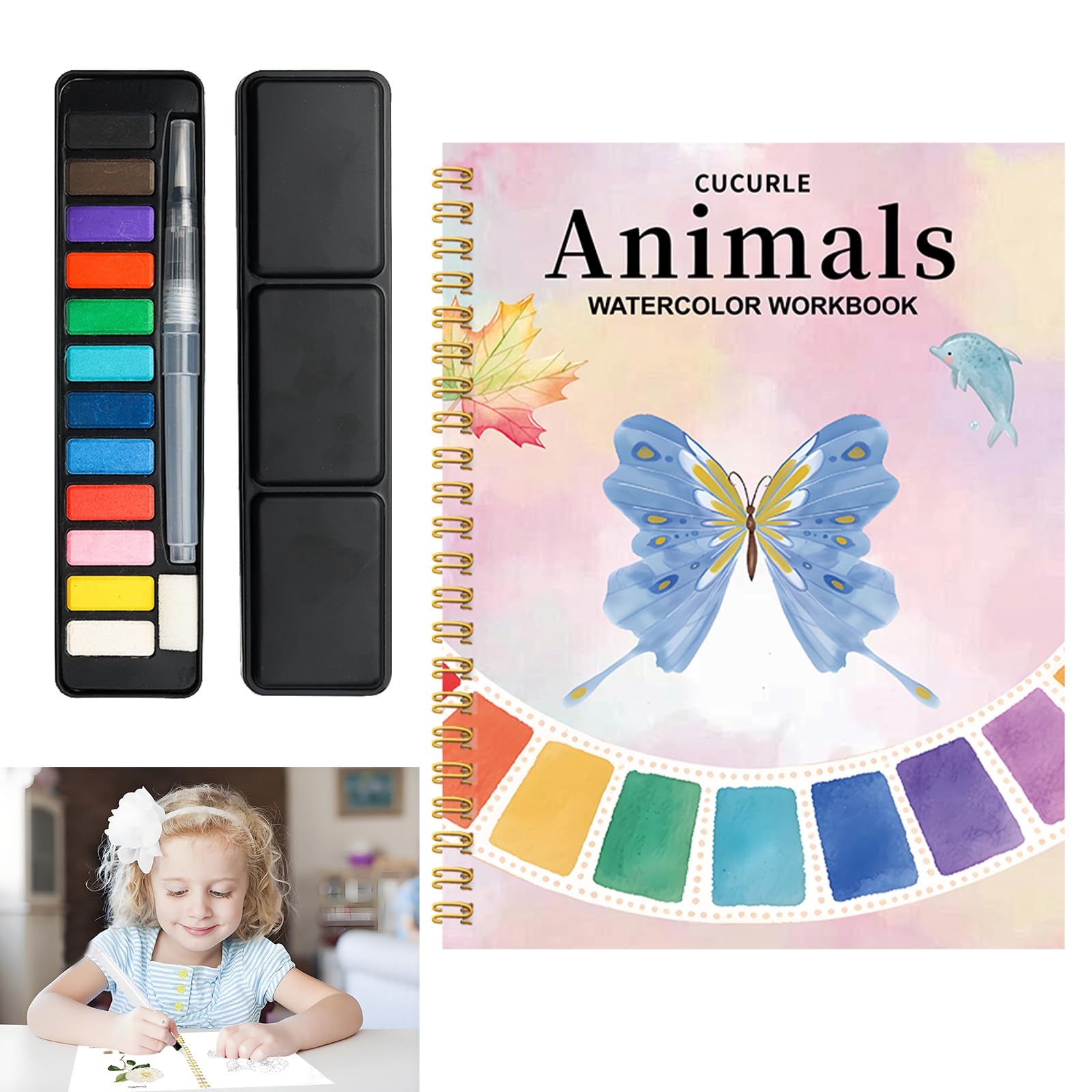 COGVOHY Watercolor Workbook, Watercolour Workbooks with 12 Colours Watercolor Paint & Paint Brush, Watercolour Workbooks Art & Crafts Painting Supplies Gifts for Adults Kids Teens (Animals)