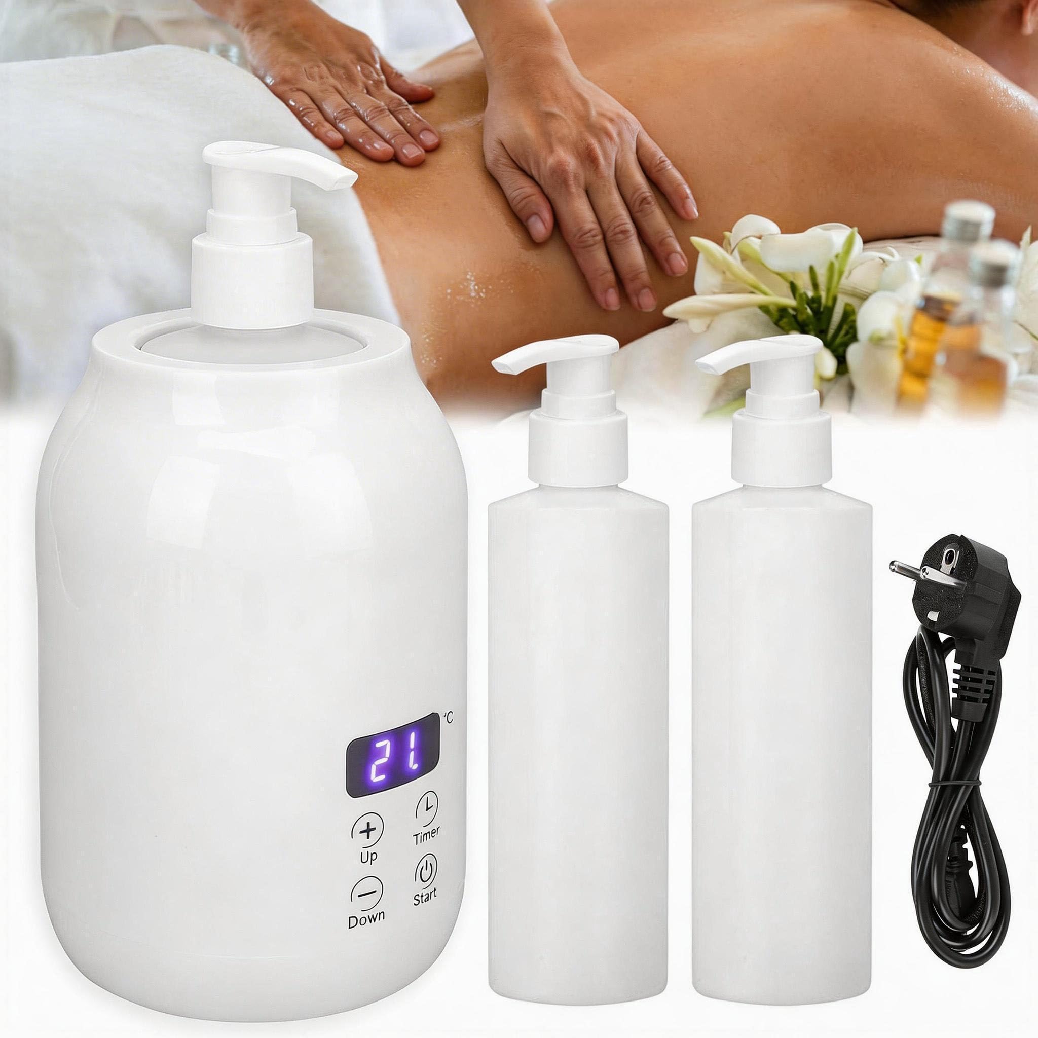Chauffe-huile de massage, température réglable de 30 à 65 degrés avec 2 bouteilles intérieures en plastique pour huiles essentielles massage du dos