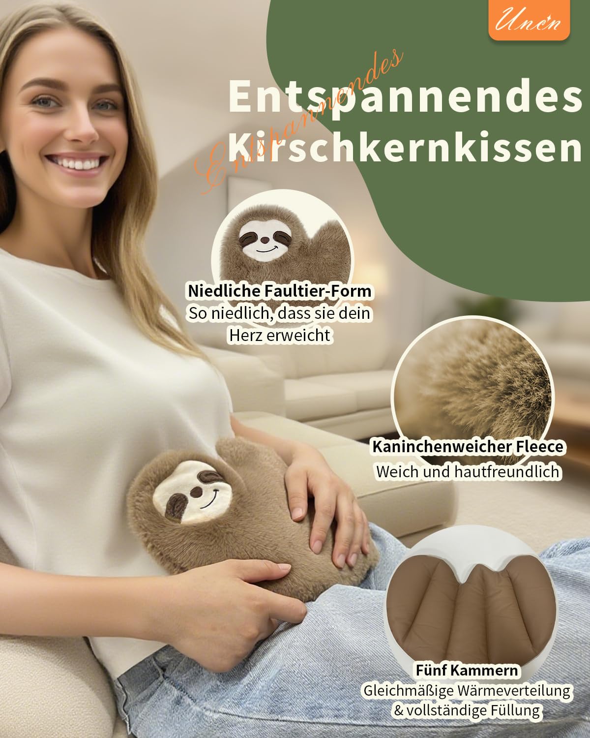 uncn Sloth - Cuscino termico con grani, 660 g, per forno a microonde, per terapia termica umida, grande cuscino per microonde con rivestimento lavabile