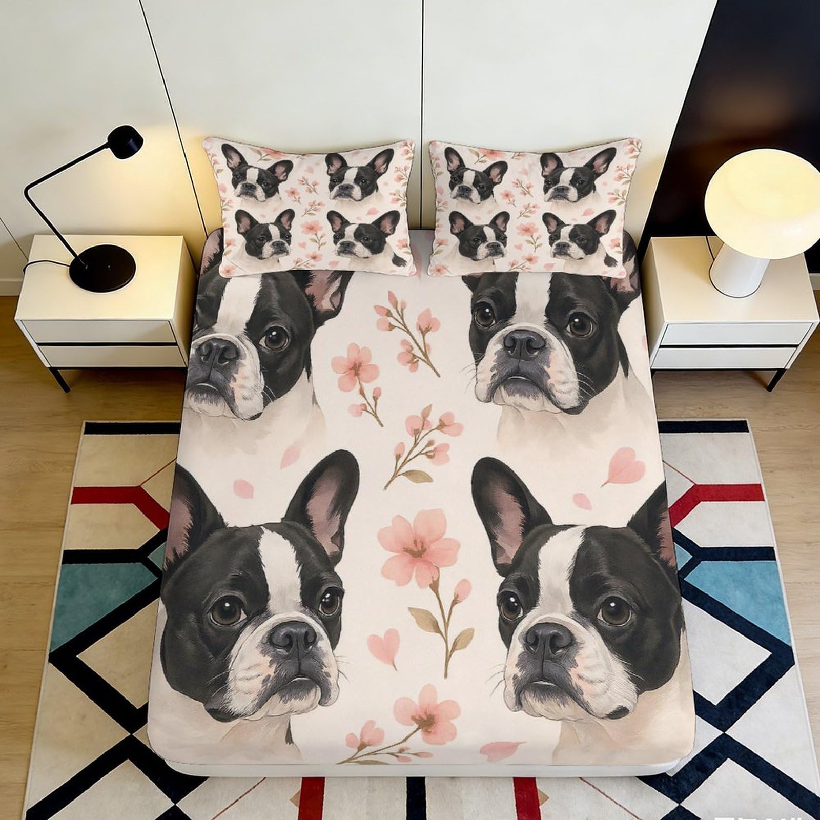 3D Printed French Bulldog Dog Floral Fitted Sheet Microfiber Soft Pink Mattress Cover for Bedroom Guest Room Decor 200x200x25cm
