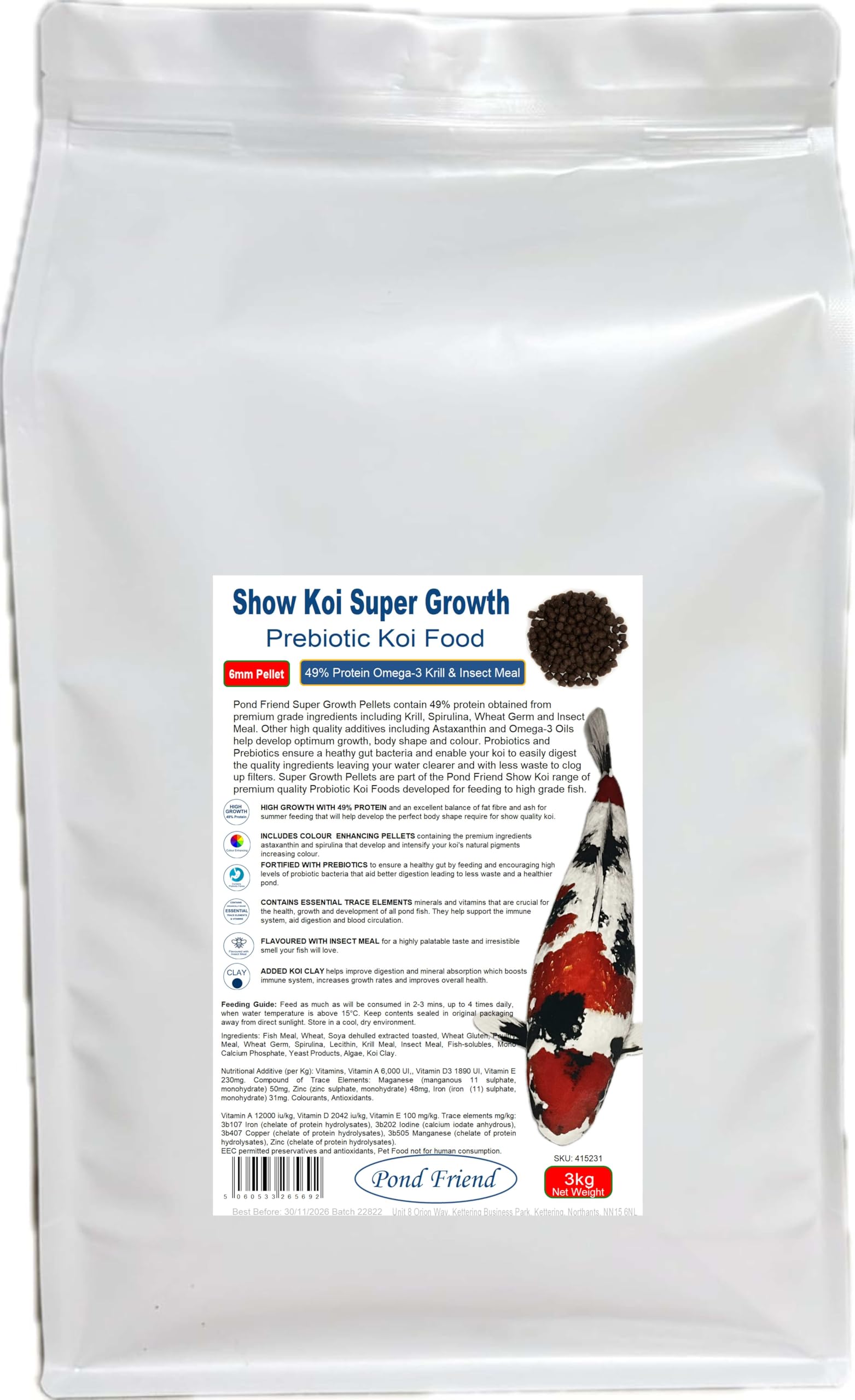 Pond Friend Show Koi Super Growth Pond Pellets 3kg 6mm High Protein 49% Floating Fish Food Fortified With Prebiotics That Feed Probiotic Bacteria Aiding Digestion & Immune System Health