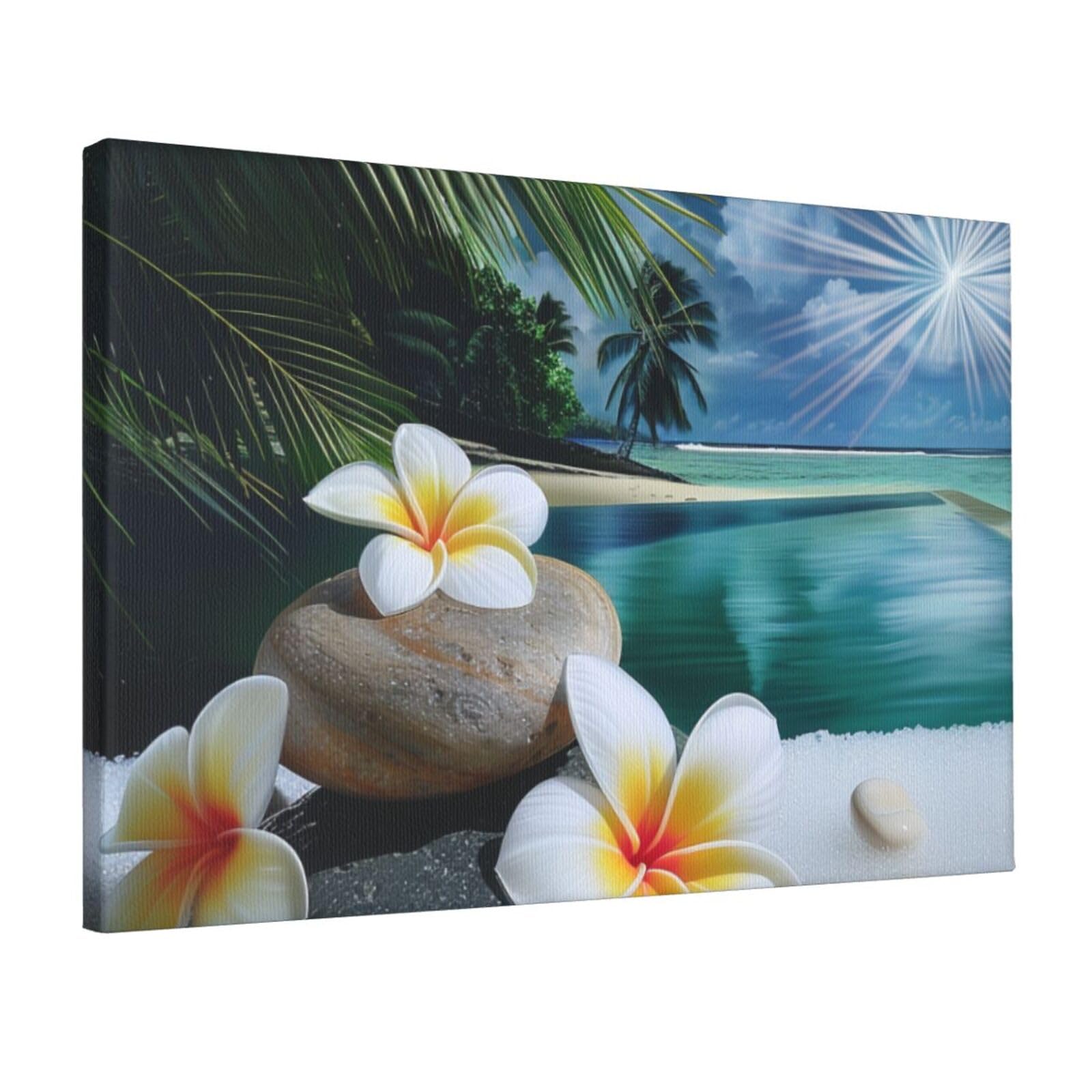 YKLJG Tropical Flower and Zen Stone Printed Wall Art Canvas Prints 45x30 CM Wooden Framed Picture Painting Artwork for Bedroom Kitchen Home Office Decor