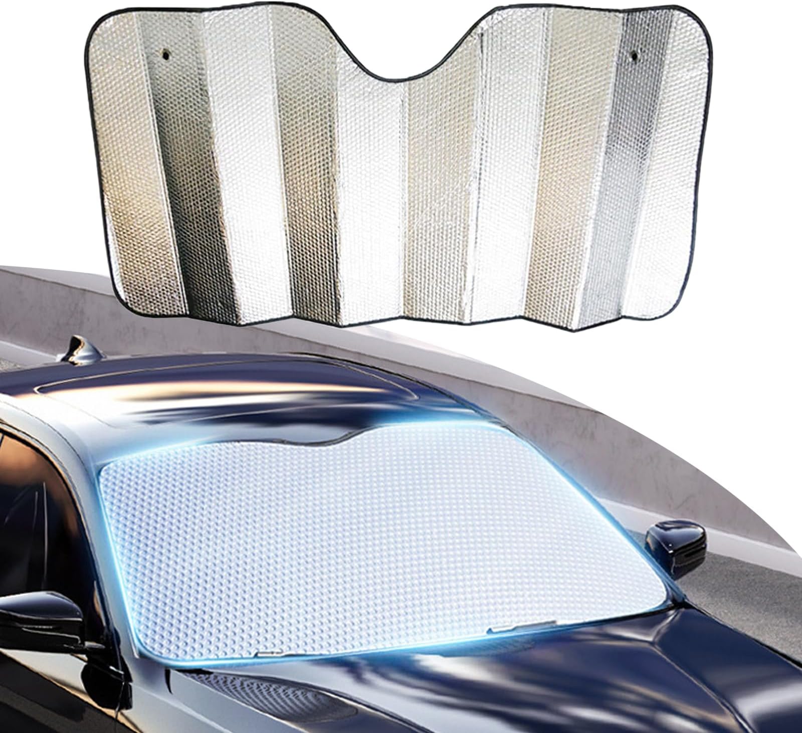 1 PC Car Front Windshield Sun Shade, 55.1 x 27.5 Double-Sided Use Bubble Cotton UV-Proof Full Coverage Protective Cool Cover, Suction Cup Mount Insulation Pad, Universal for Cars (Silver)