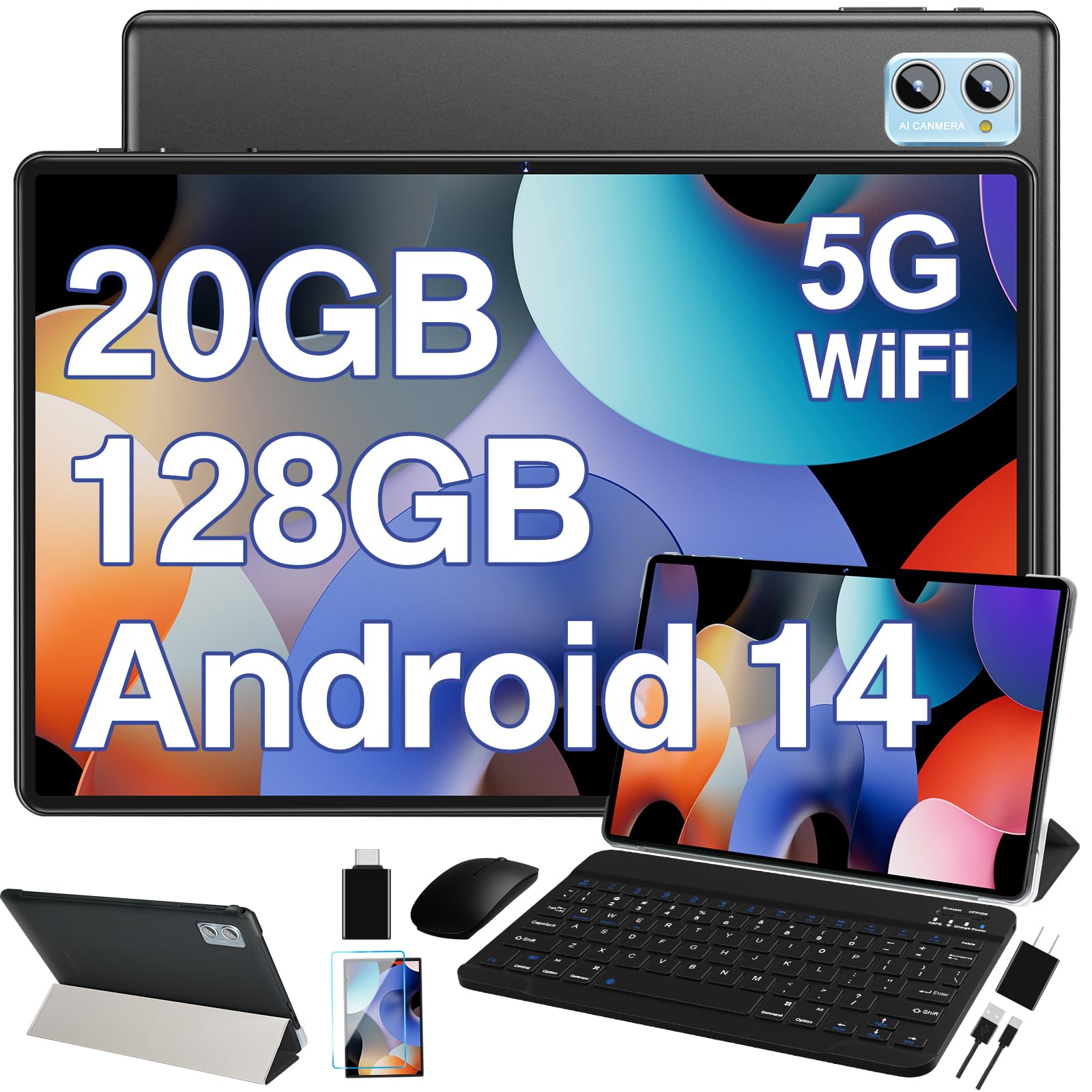 DEERTiME Android 14 Tablet 10.1 Inch Tablets, 20GB RAM 128GB ROM 1TB Expand Octa-Core 2 in 1 Tablet PC with Keyboard Mouse Case, 1280x800 IPS HD Touchscreen, Bluetooth WI-FI 6, Widevine L1 (Black)