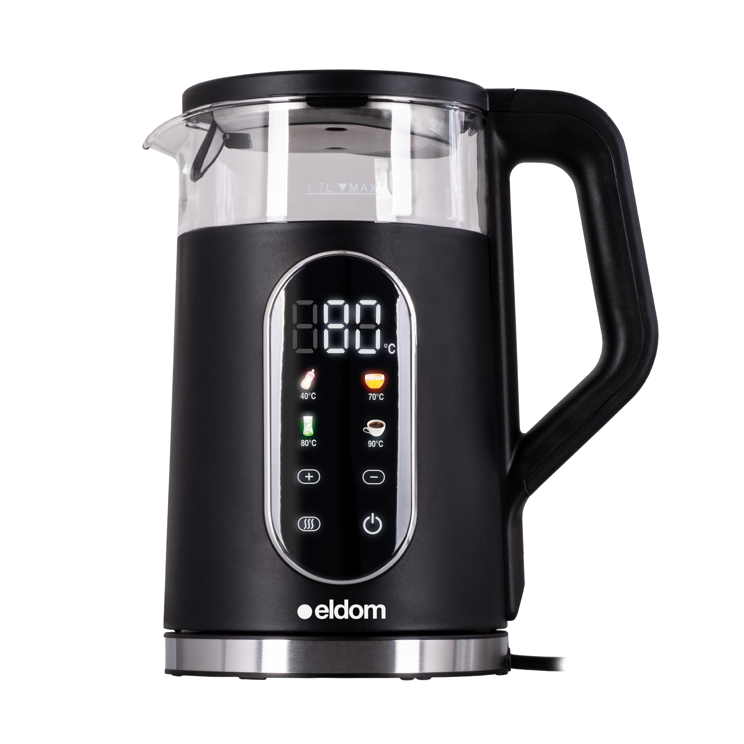Hervidor de agua de 1,7 l con control de temperatura y función de mantenimiento del calor, 2200 W, pantalla LED, 13 niveles de temperatura, 5 programas (40 – 100 °C), cristal acero inoxidable, sin BPA