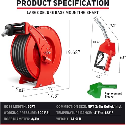 Miniatura 2 de Carrete de manguera de combustible con boquilla de combustible, carrete de manguera diésel retráctil extra largo de 34 pulgadas x 50 pies, carrete