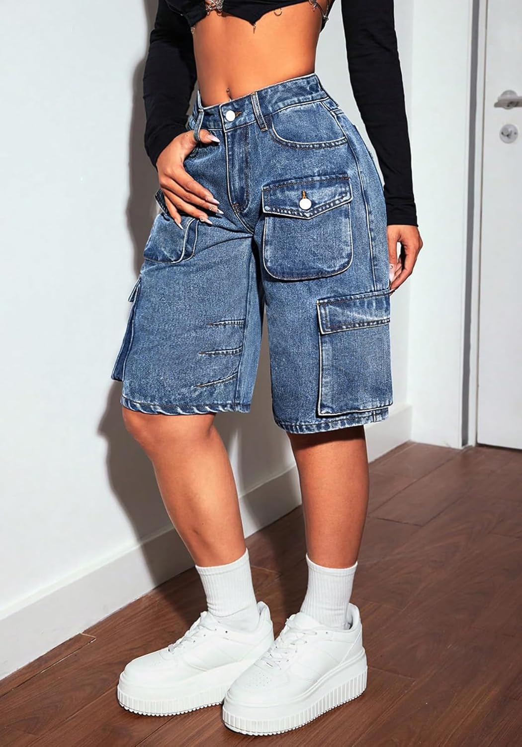 Womens Denim Shorts High Waisted Casual Summer Baggy Y2k Cargo Jean Shorts with Pockets - Image 2
