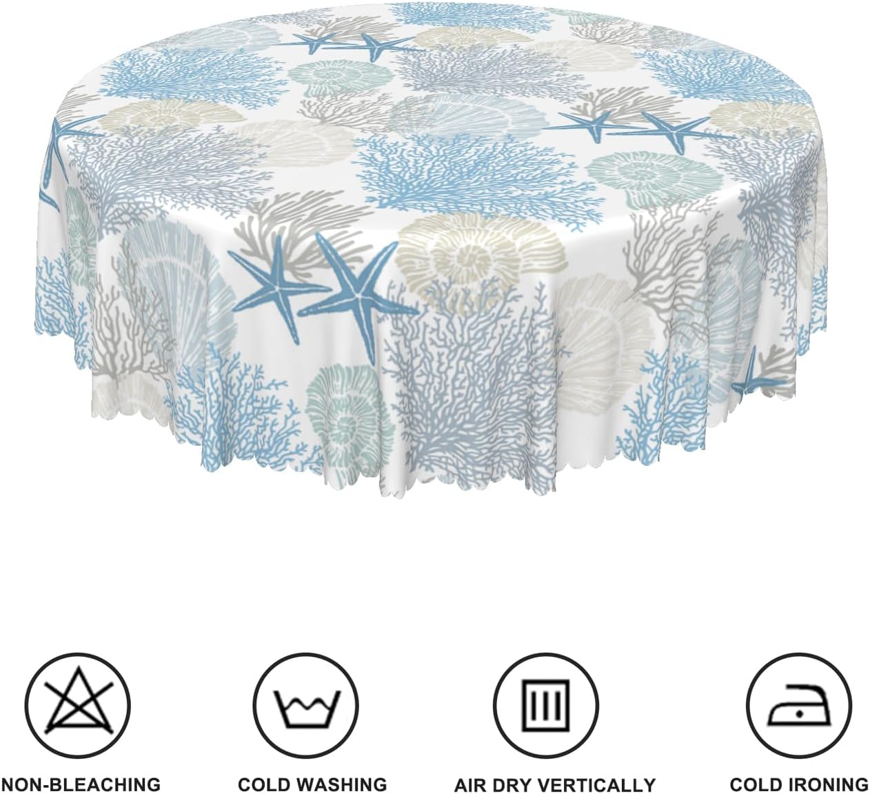 Nautical Coastal Round Tablecloth 54 Inch Starfish Coral Seashell Print Circular Table Cloth Waterproof Stain Resistant Table Cover for Dining Room Kitchen Indoor Outdoor Picnic Party Decor