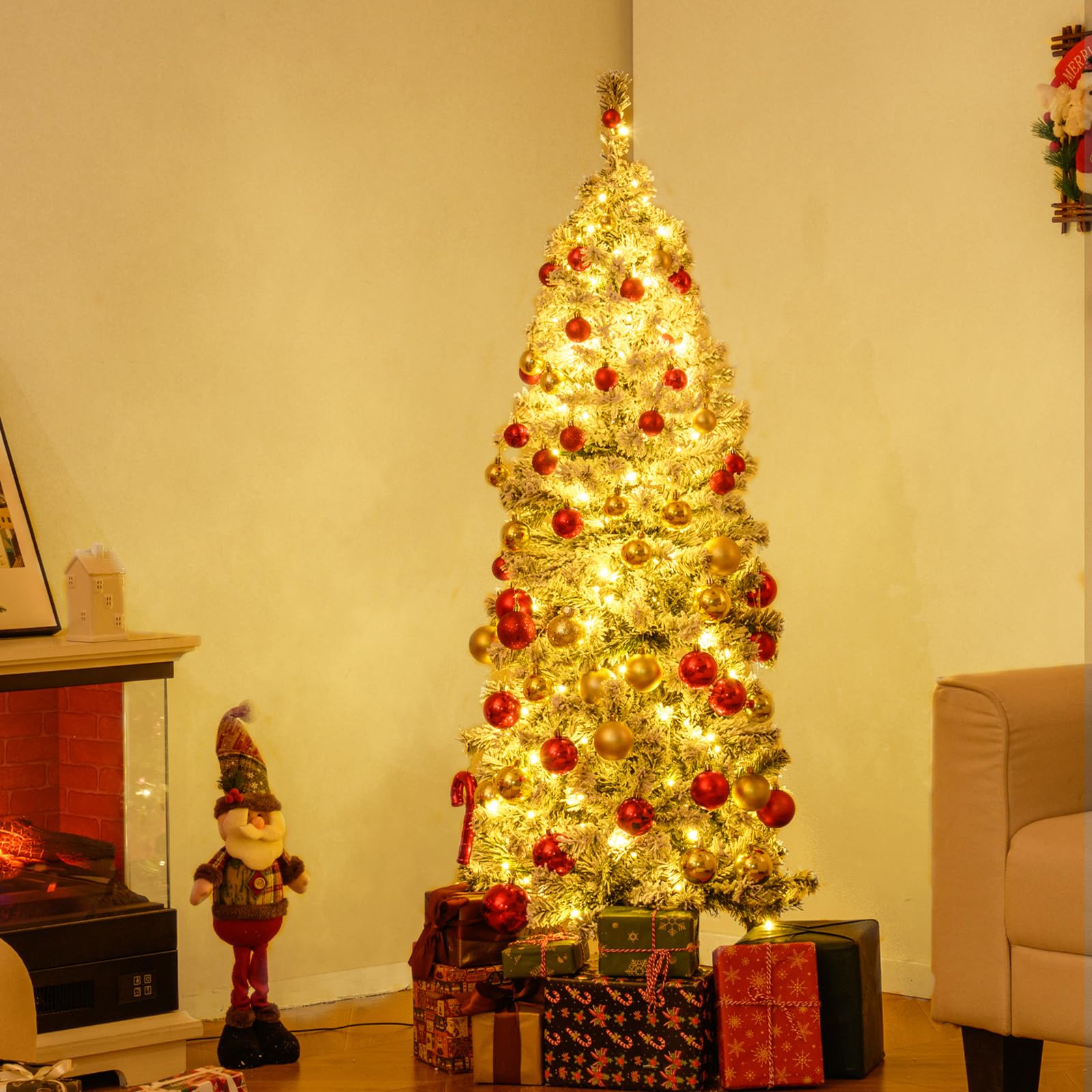 COSTWAY Sapin de Noël Pré-éclairé, Arbre Articulé avec 329/533 Branches en PVC Enneigé, 180/260 Lumières LED Blanc Chaud, 8 Modes, Pied Métallique, Décoration Élégante pour Maison, Bureau (150 cm)