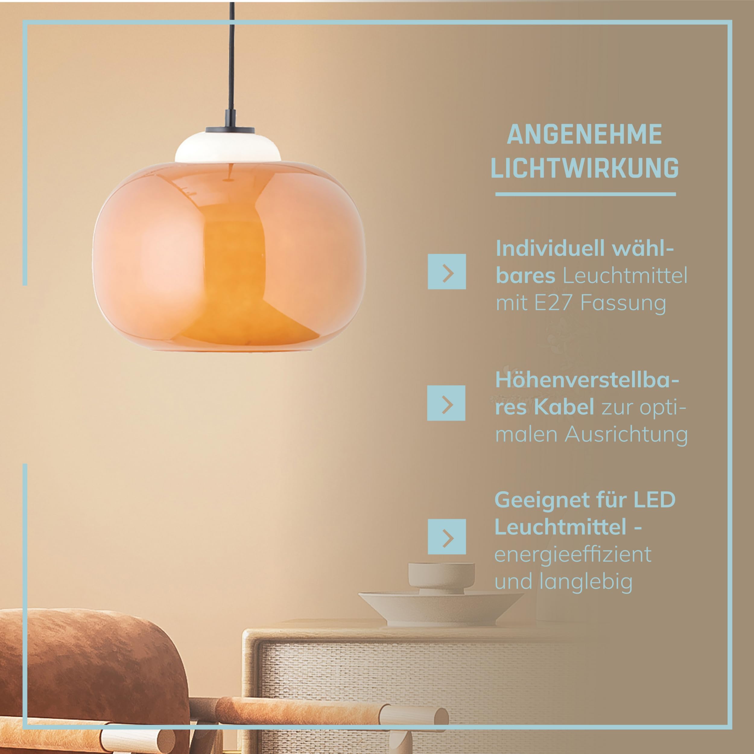 Lightbox Hängelampe Glas orange - mundgeblasene Pendelleuchte höhenverstellbar Ø 30 cm - Retro Esstisch Lampe mit Textilkabel - E27 (max .60 W), exkl. LED